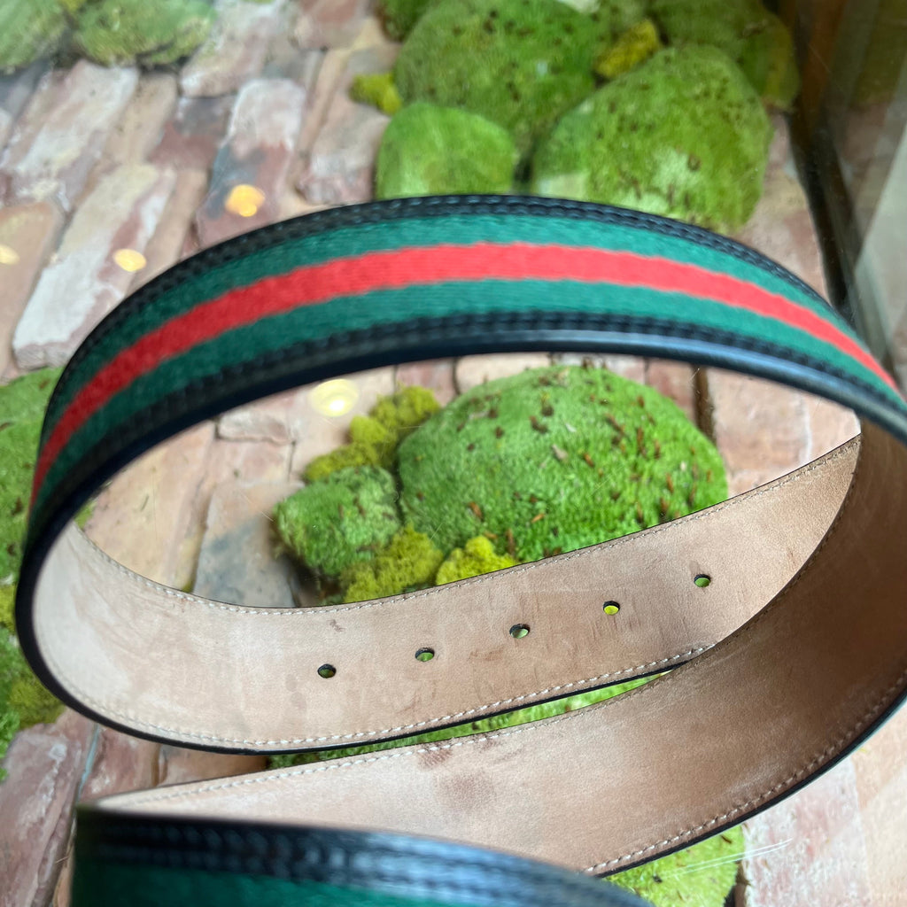 GUCCI Interlocking G Green & Red Web Stripe Canvas Belt SZ105/42(14US)