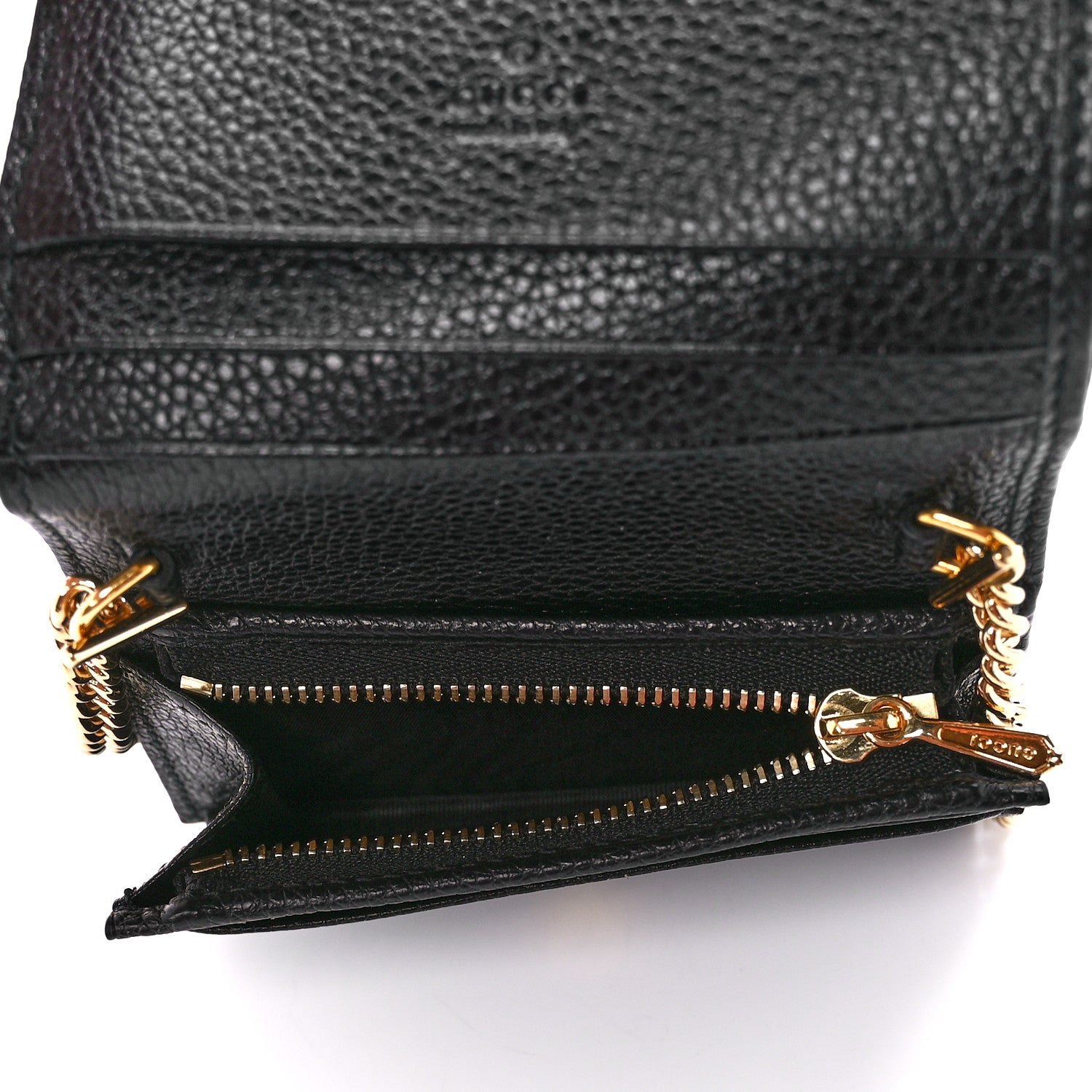 Gucci Zumi GG Black Leather Gold Chain Bi-Fold Mini Wallet