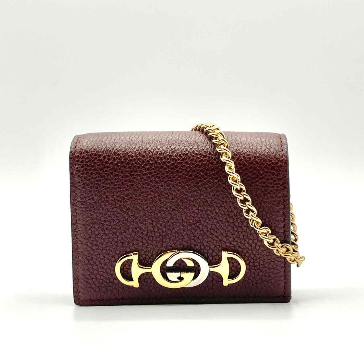 Gucci Zumi Burgundy Leather Gold Chain Bi-Fold  w/box Mini Wallet