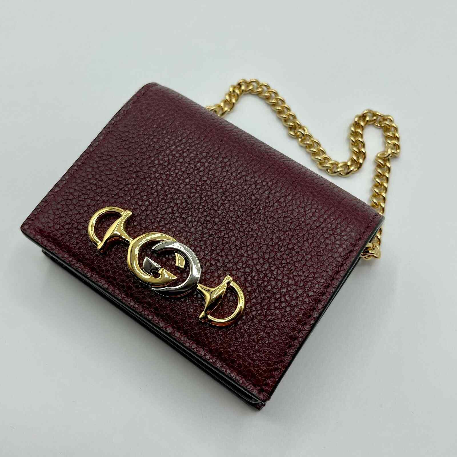 Gucci Zumi Burgundy Leather Gold Chain Bi-Fold  w/box Mini Wallet