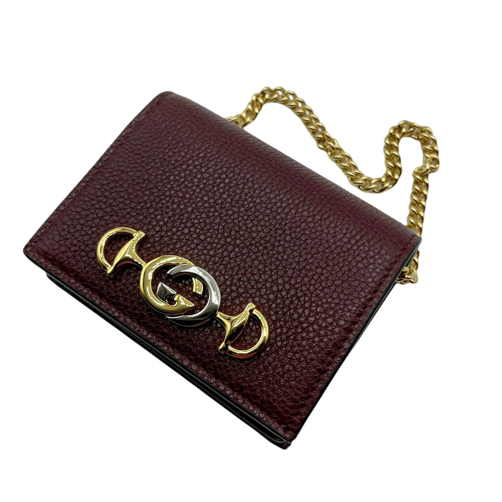 Gucci Zumi Burgundy Leather Gold Chain Bi-Fold Mini Wallet