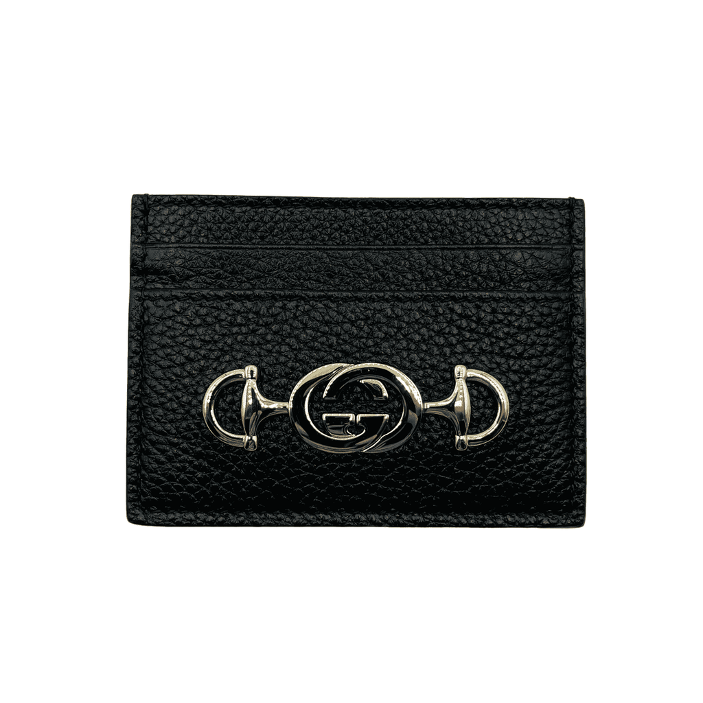 Gucci Zumi Black Leather Card Holder Wallet Metal GG Logo w/Box