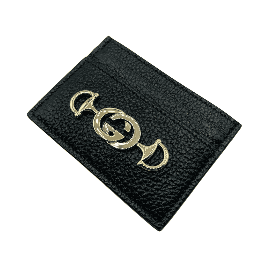 Gucci Zumi Black Leather Card Holder Wallet Metal GG Logo w/Box
