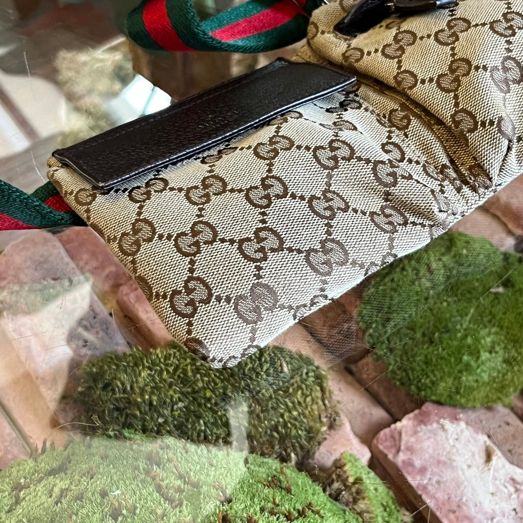GUCCI Beige Brown GG Web Canvas Double Pocket Belt Bag