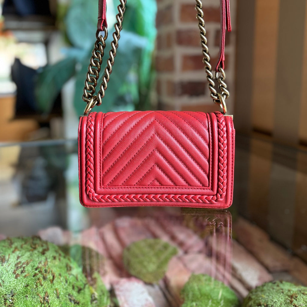 CHANEL Small Boy Bag Red Chevron Caviar Leather Braided Shoulder Bag
