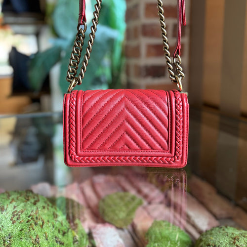 CHANEL Small Boy Bag Red Chevron Caviar Leather Braided Shoulder Bag