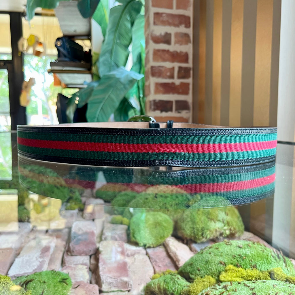 GUCCI Interlocking G Green & Red Web Stripe Canvas Belt SZ105/42(14US)