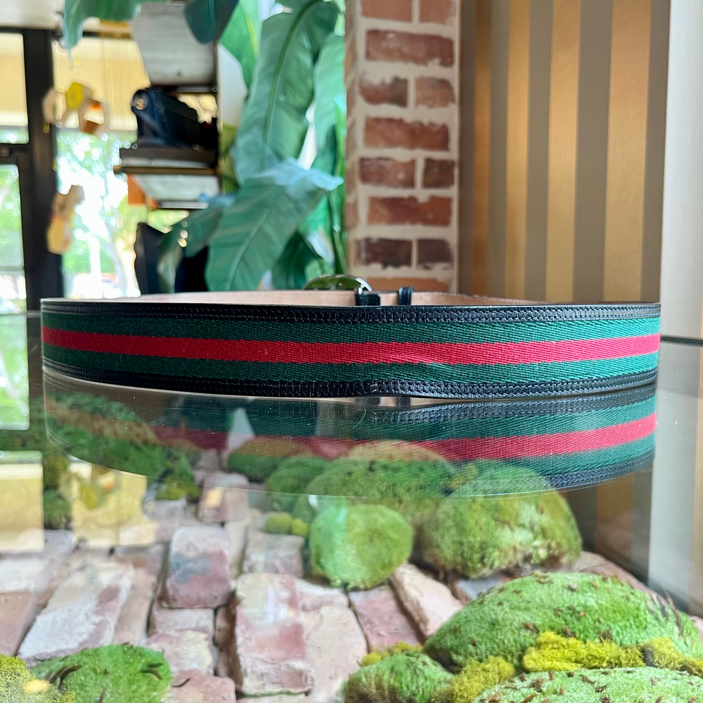 GUCCI Interlocking G Green & Red Web Stripe Canvas Belt SZ105/42(14US)