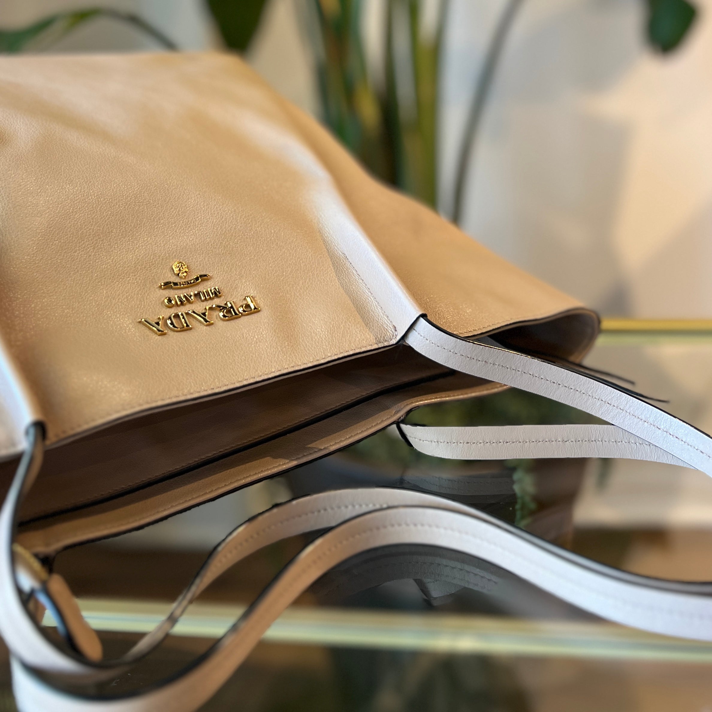 PRADA Argilla Glacé Calf Leather Beige Tote Bag
