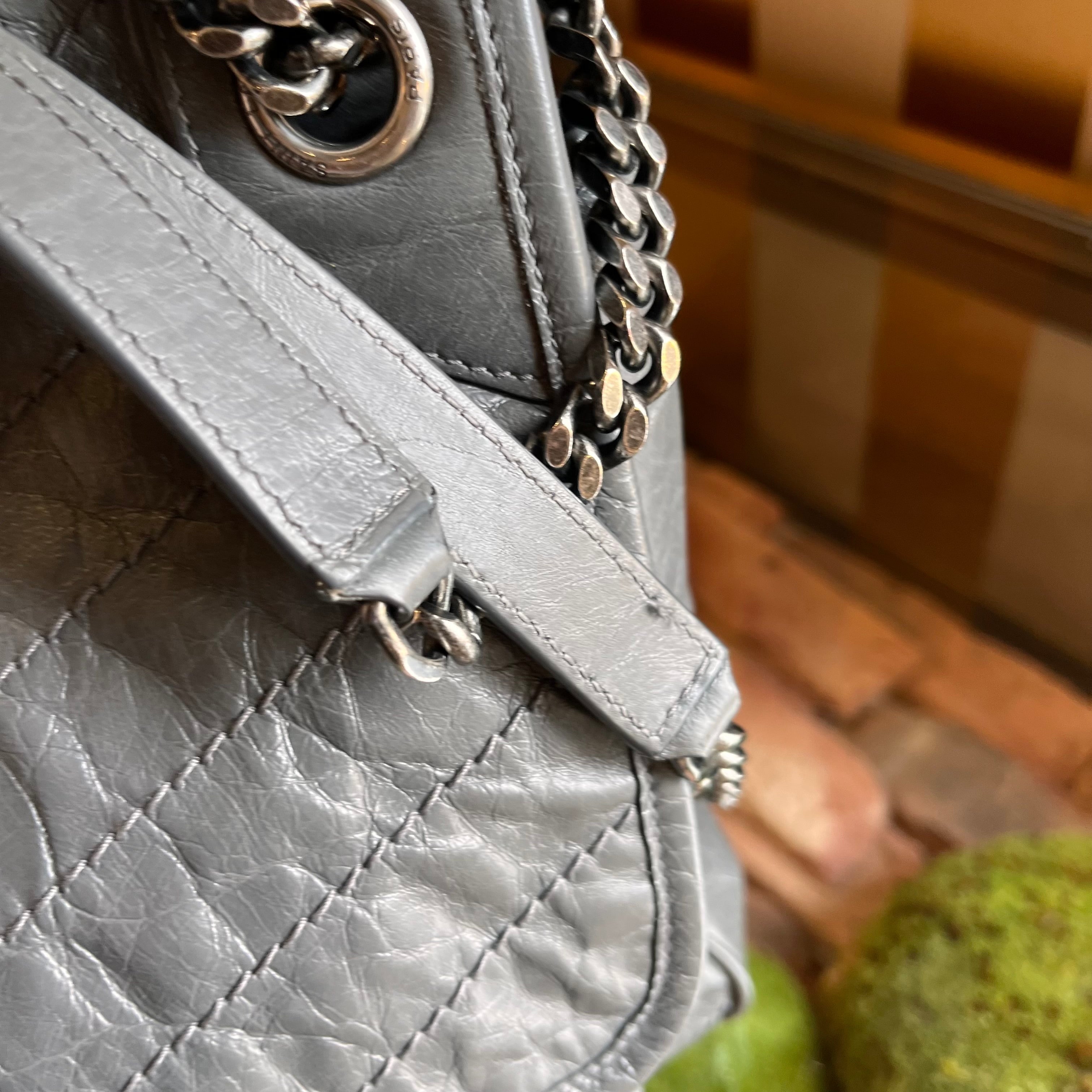 SAINT LAURENT Medium Niki Grey Quilted Crinkled Leather Shoulder Bag