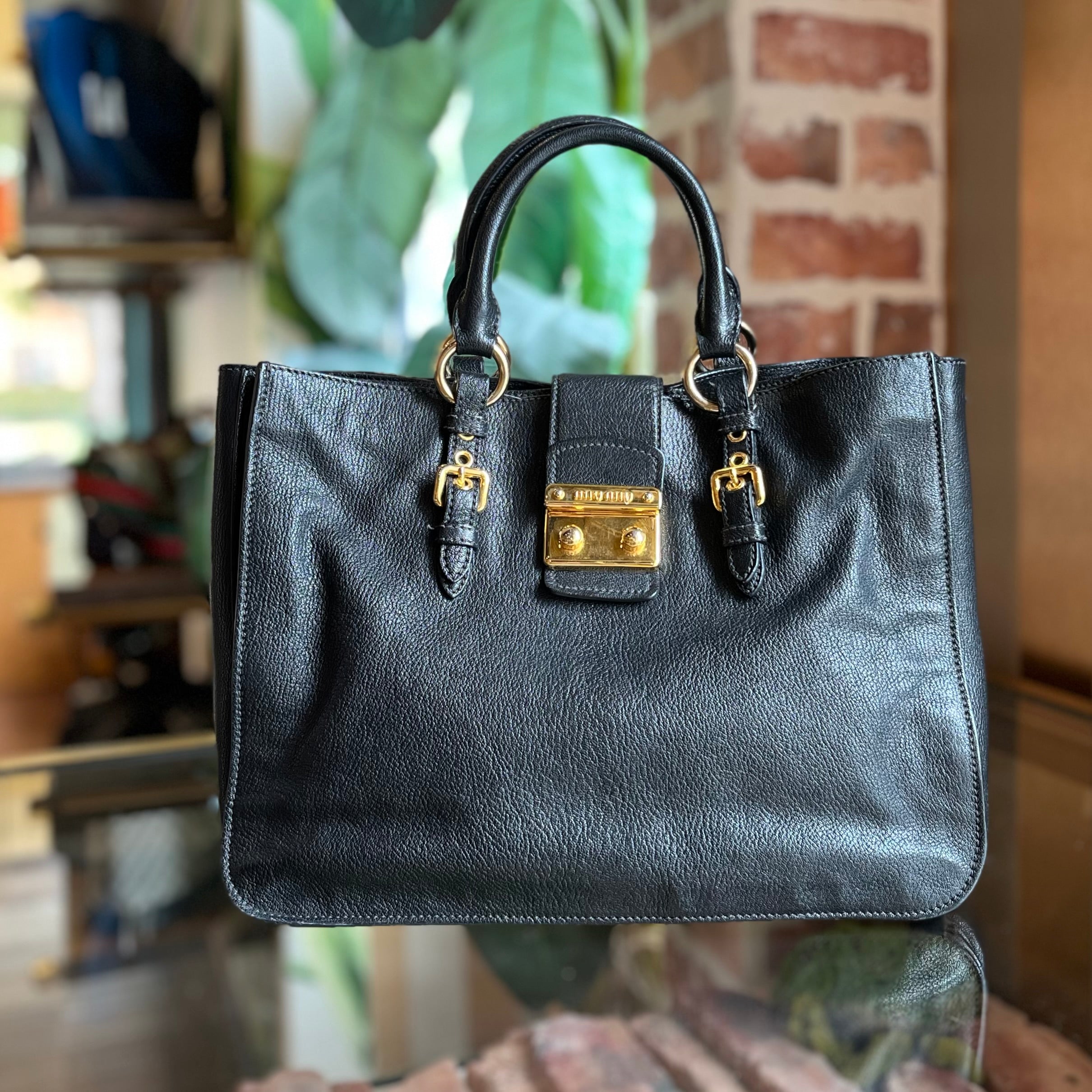 MIU MIU Madras Black Goatskin Tote Bag