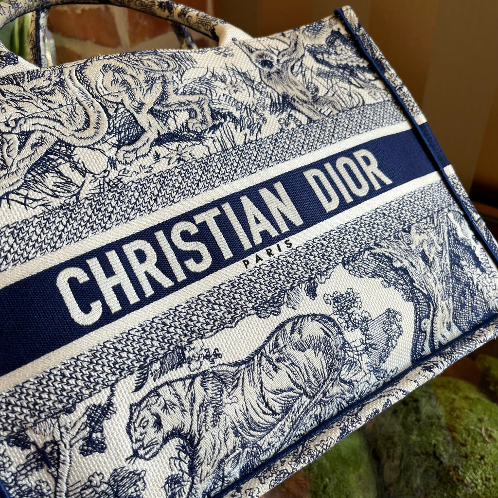 DIOR Medium Book Ecru and Blue Toile de Jouy Embroidered Tote