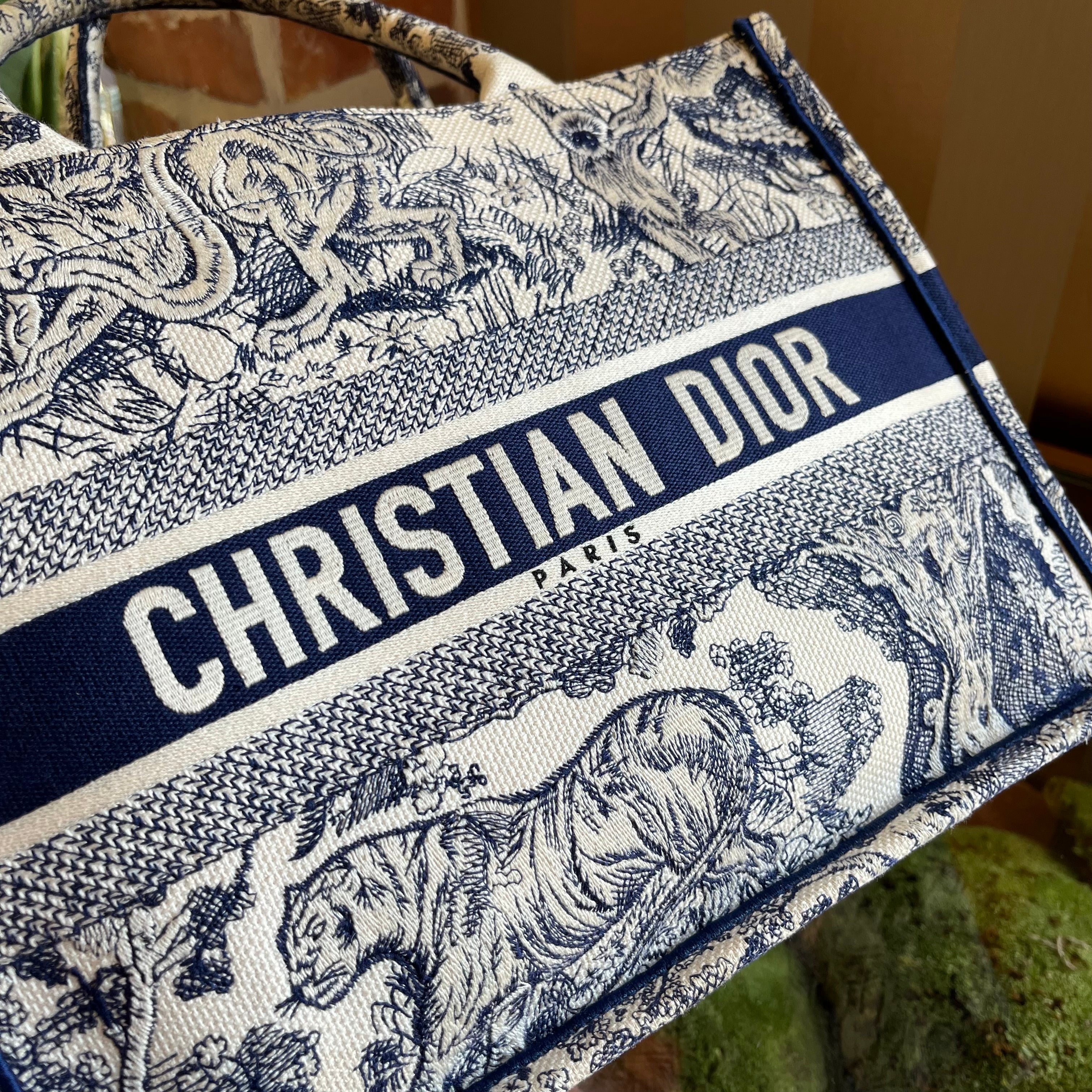 DIOR Medium Book Ecru and Blue Toile de Jouy Embroidered Tote