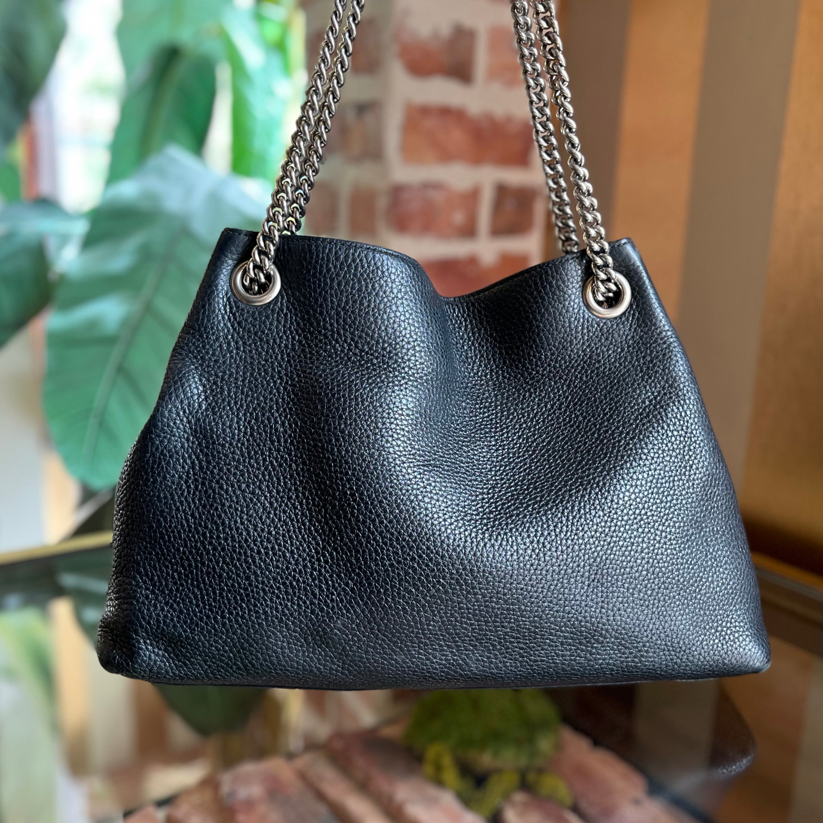 GUCCI Soho Studded Black Pebbled Calfskin Leather Chain Tote Bag