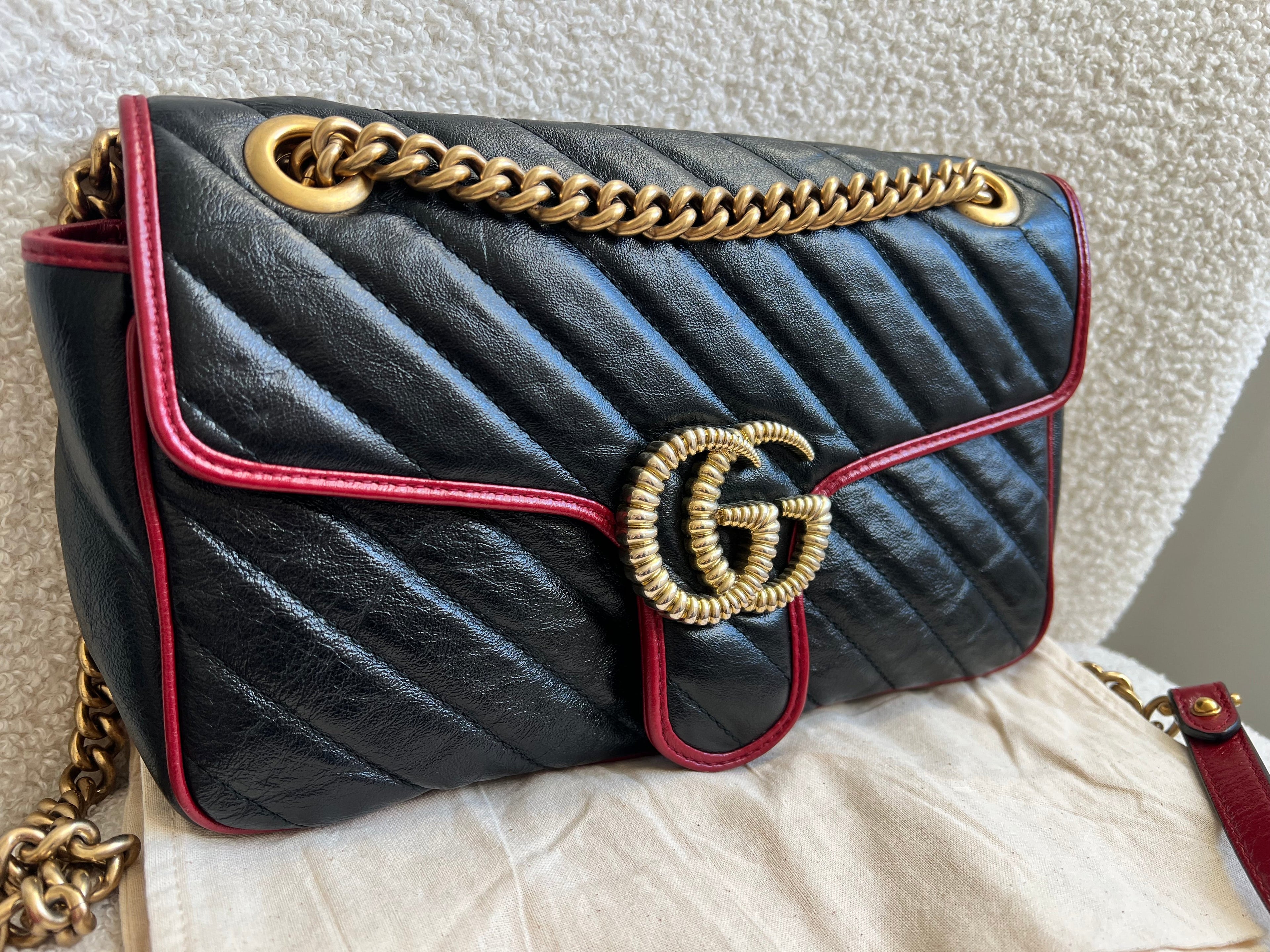 Gucci GG Black and Red Torchon Marmont Small Shoulder Bag