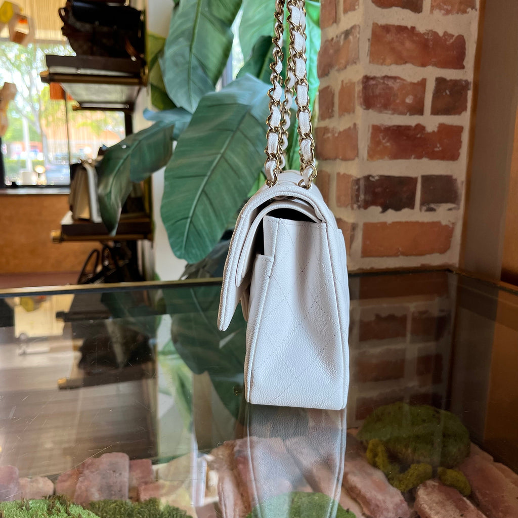 CHANEL Medium Double Flap White Caviar Leather Shoulder Bag