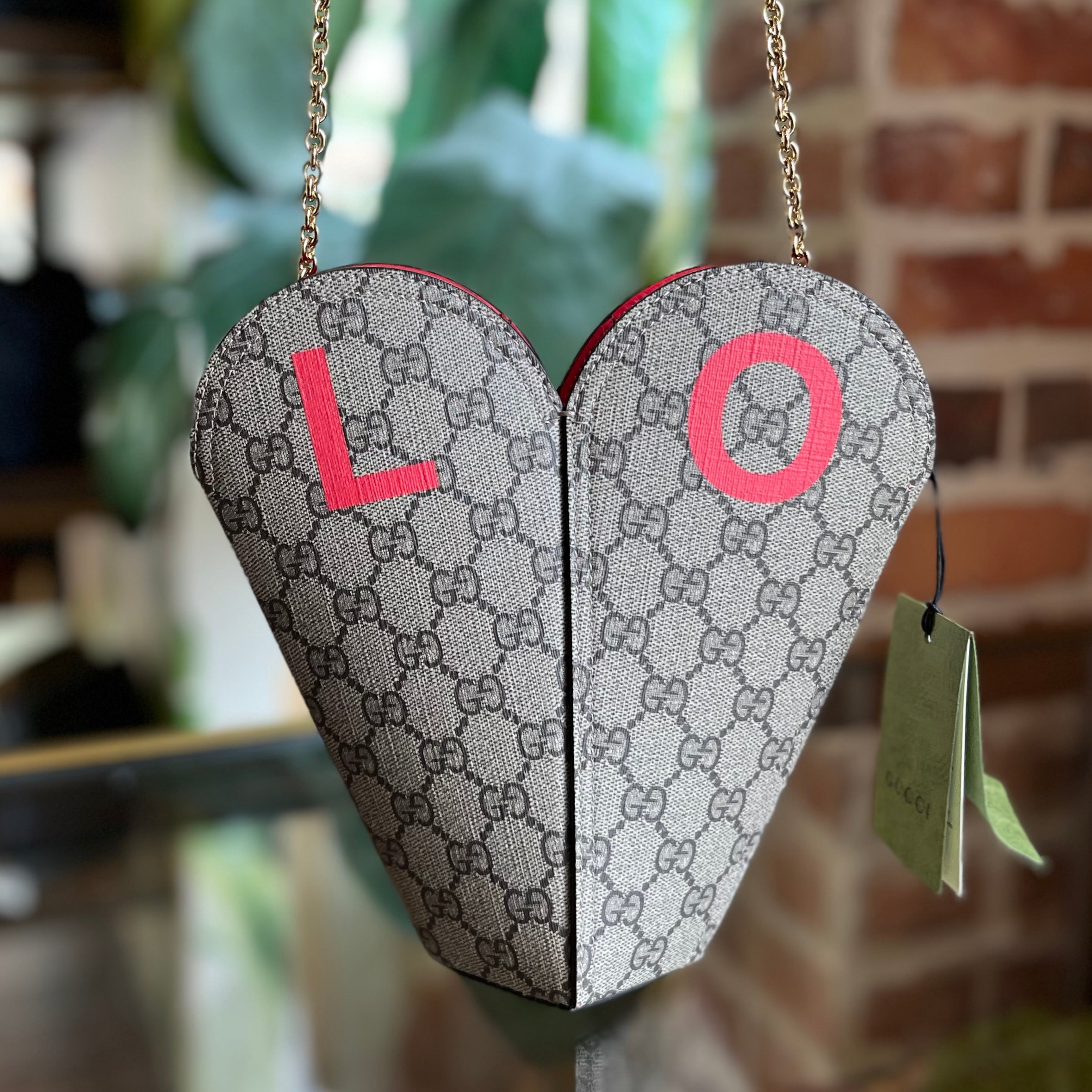 GUCCI Valentine's Day LOVE Heart Beige Ebony GG Coated Canvas Crossbody Bag