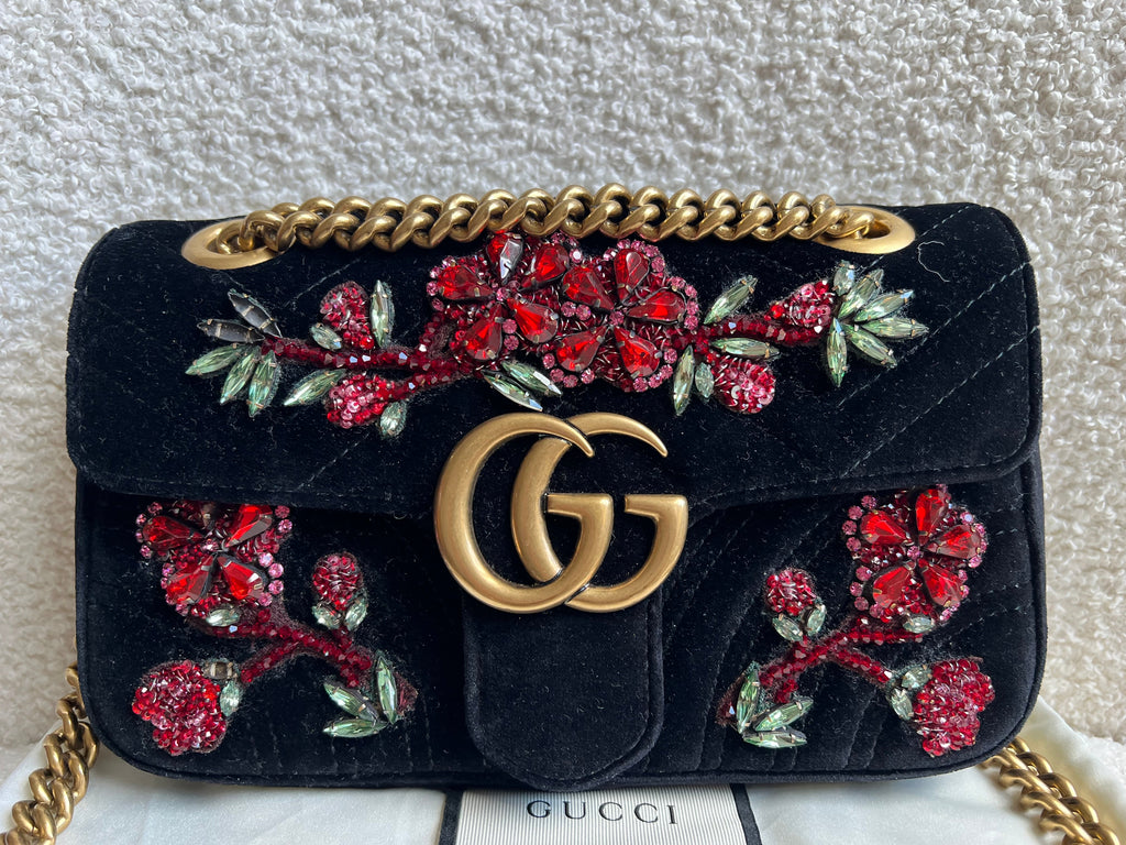 Gucci GG Black Velvet Embellished Marmont Mini Shoulder Bag