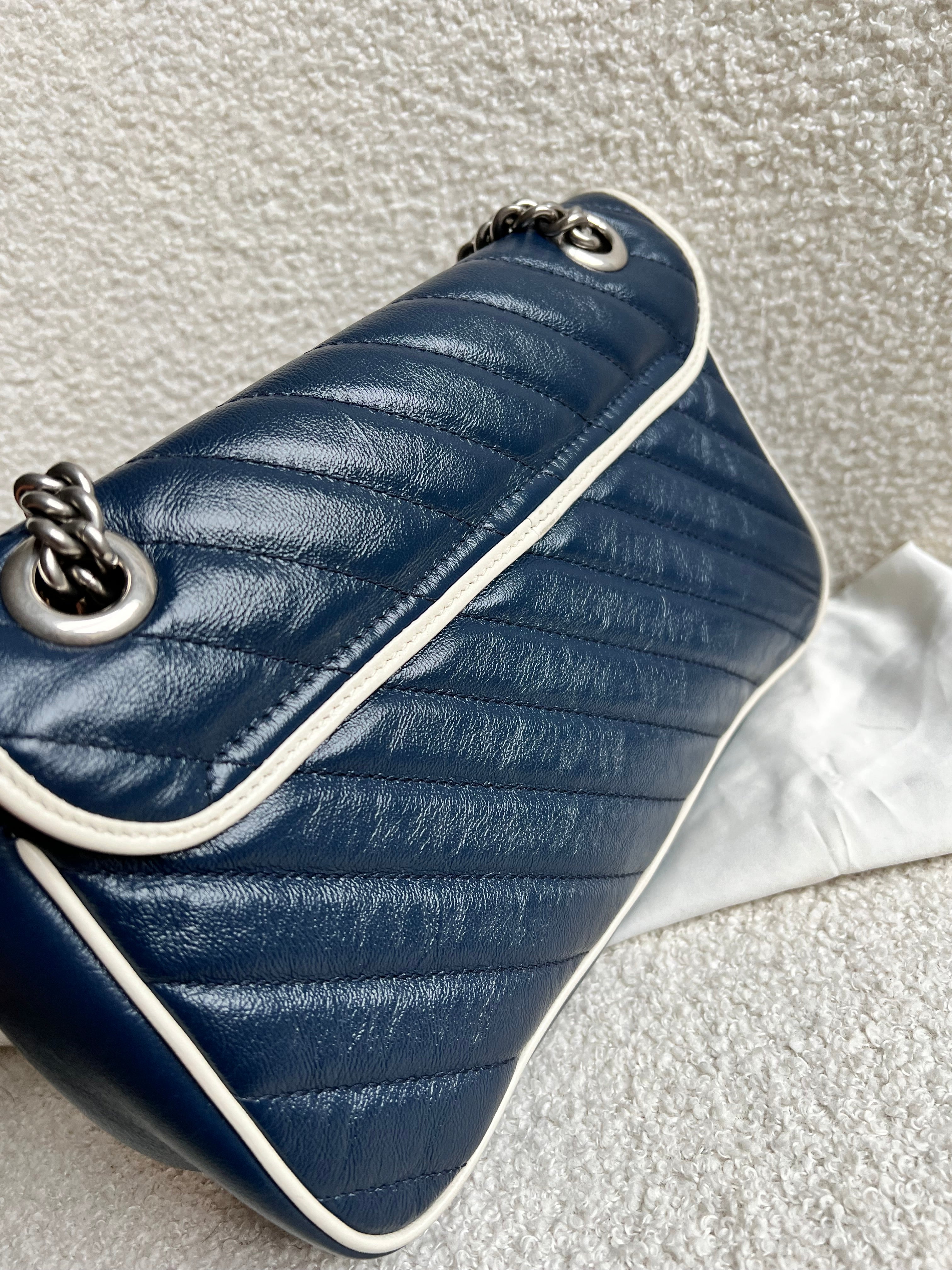 Gucci GG Navy and White Torchon Marmont Small Shoulder Bag