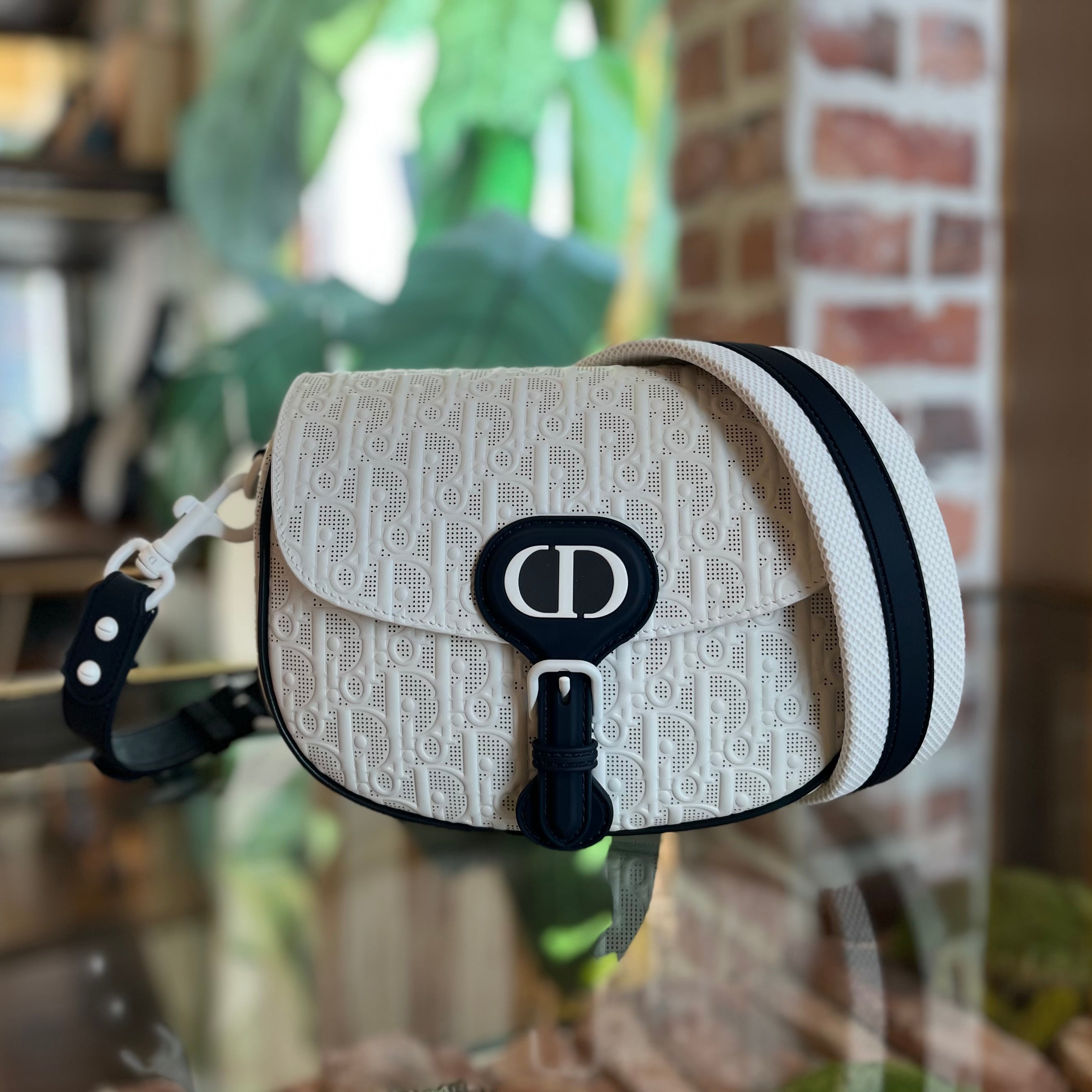 DIOR Bobby Medium White Blue Calfskin Perforated Shoulder Bag