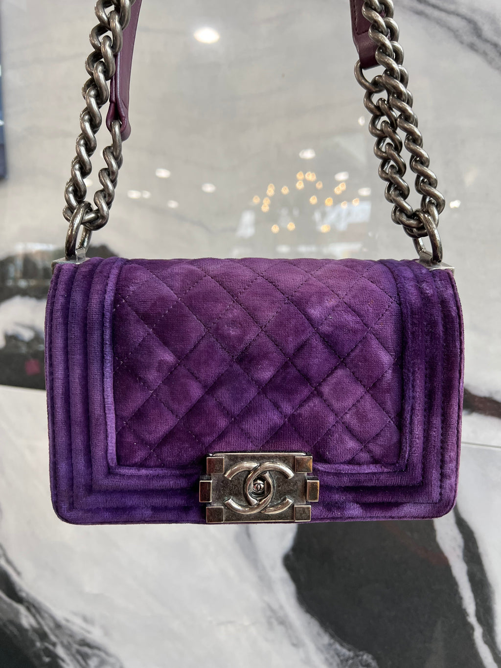 CHANEL VELVET QUILTED MINI BOY FLAP BAG IN PURPLE-HS