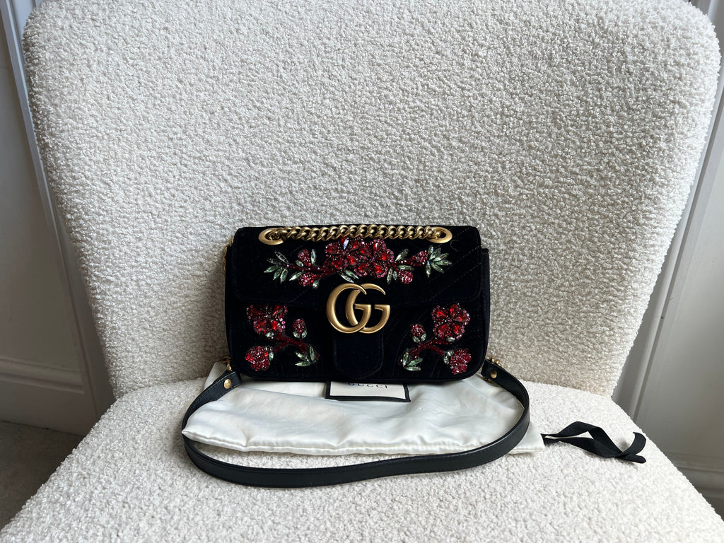 Gucci GG Black Velvet Embellished Marmont Mini Shoulder Bag