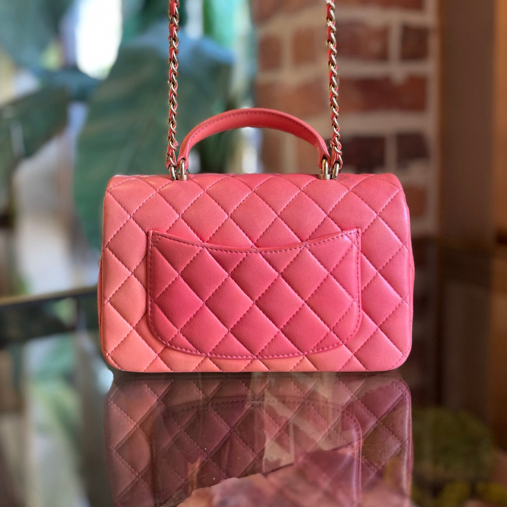 CHANEL Rectangular Mini Flap Pink Orange Lambskin Leather Top Handle