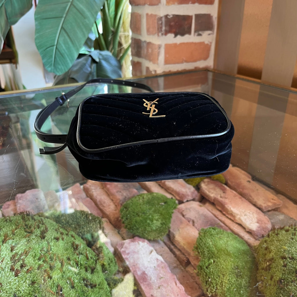 SAINT LAURENT Loulou Small Black Velvet Chevron Quilted Belt Bag