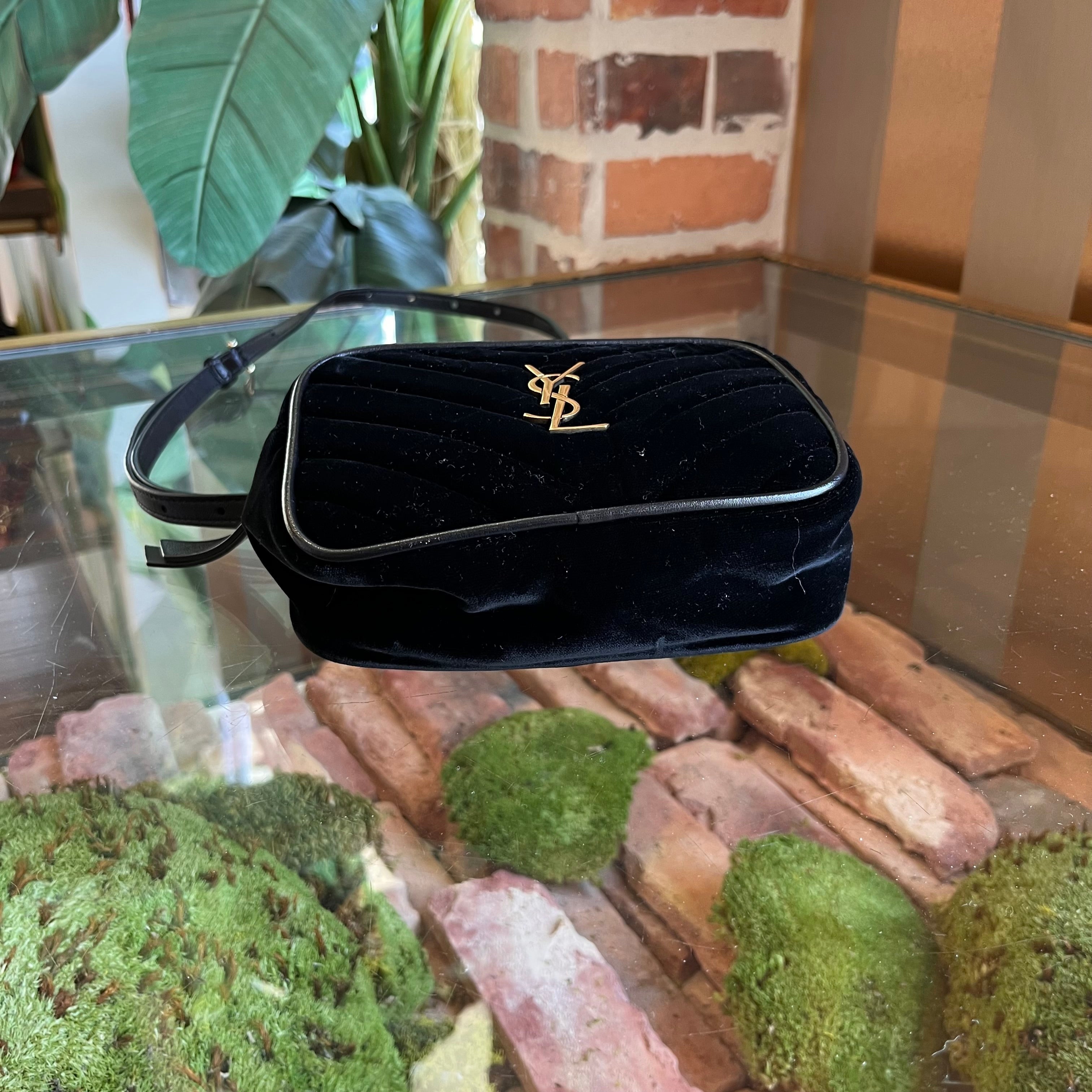 SAINT LAURENT Loulou Small Black Velvet Chevron Quilted Belt Bag
