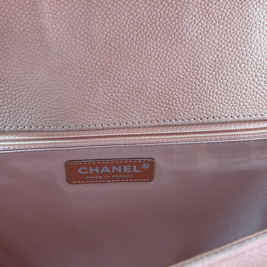 CHANEL Large Boy Bag Peach Quilted Matte Caviar Leather Shoulder Bag