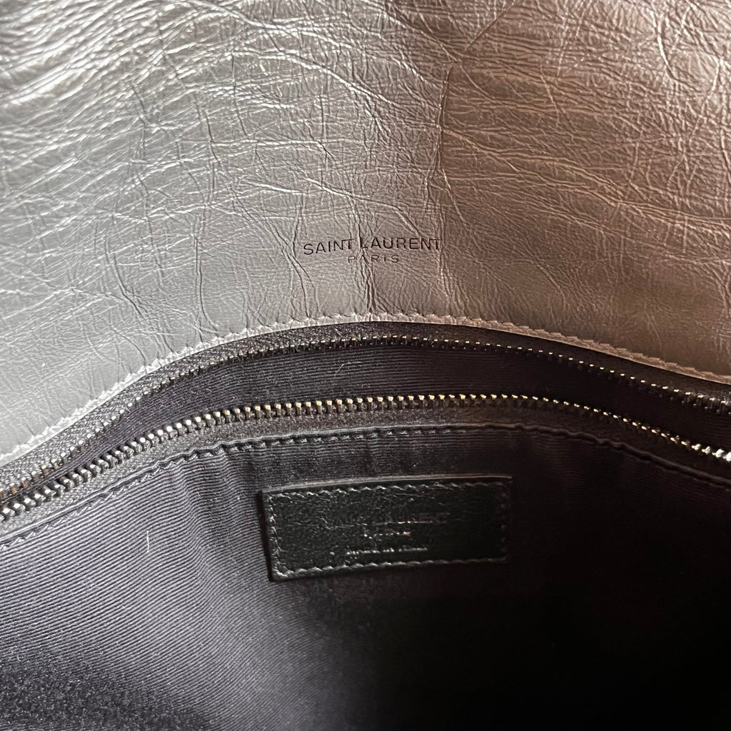 SAINT LAURENT Medium Niki Grey Quilted Crinkled Leather Shoulder Bag