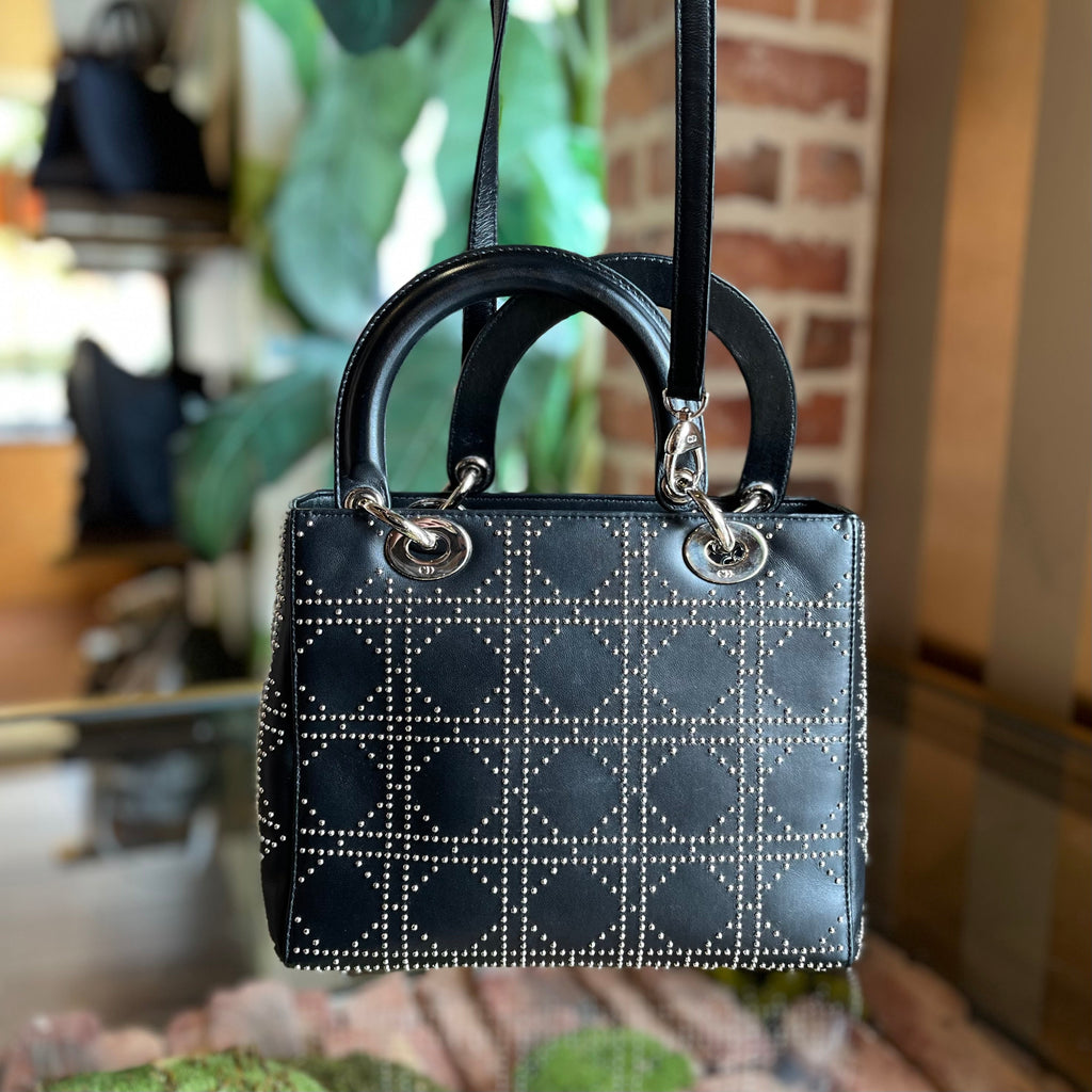 DIOR Lady Dior Black Studded Lambskin Leather Tote Bag