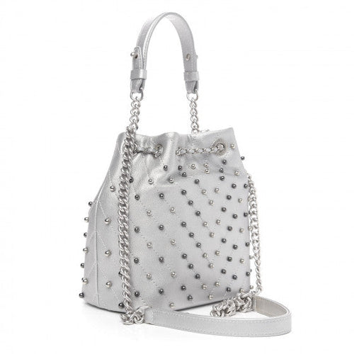 Chanel Metallic Lambskin Studded Chevron Quilted Small Stud Wars Drawstring Bag- Silver