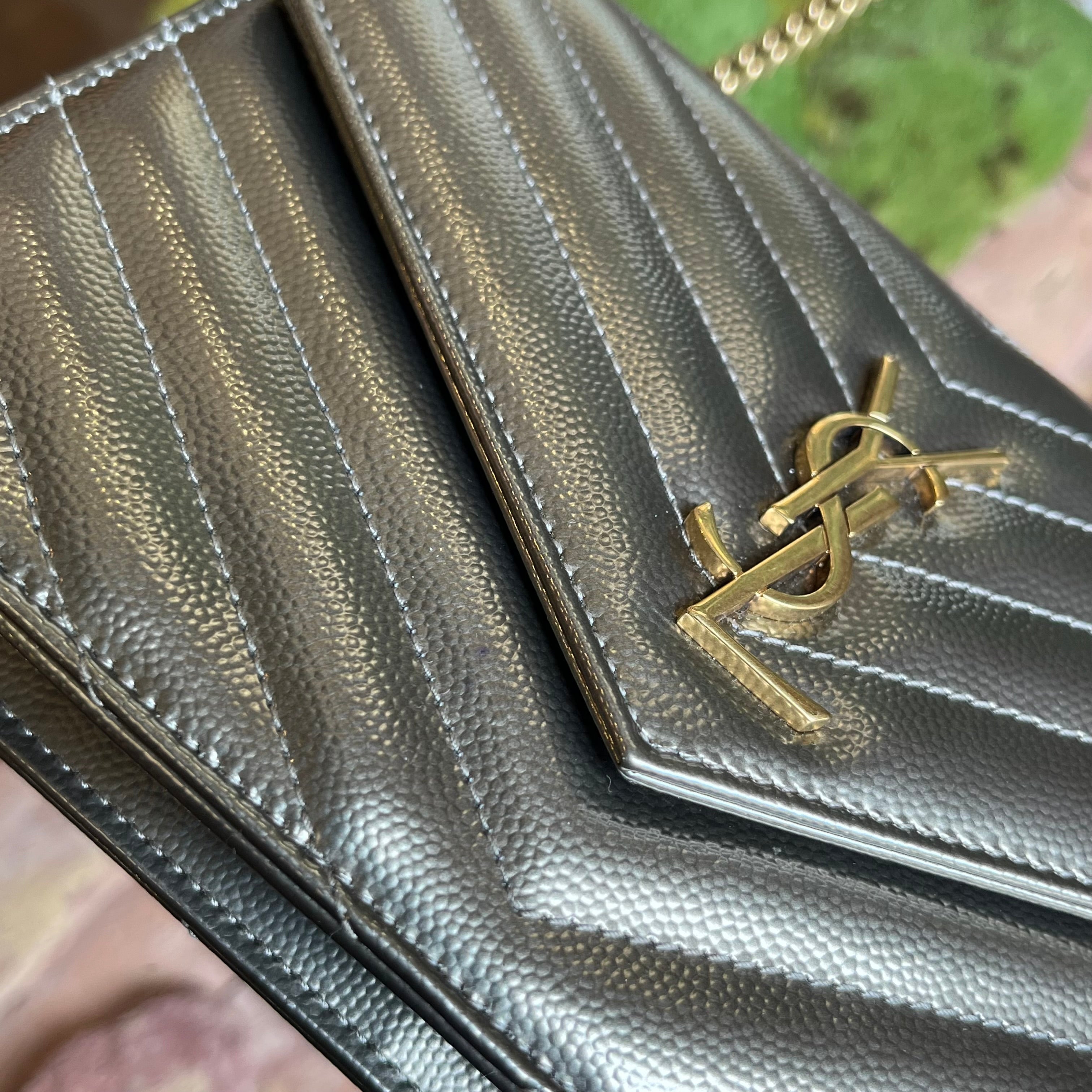 SAINT LAURENT Cassandre Wallet on Chain Pewter Matelassé Monogram Leather Bag