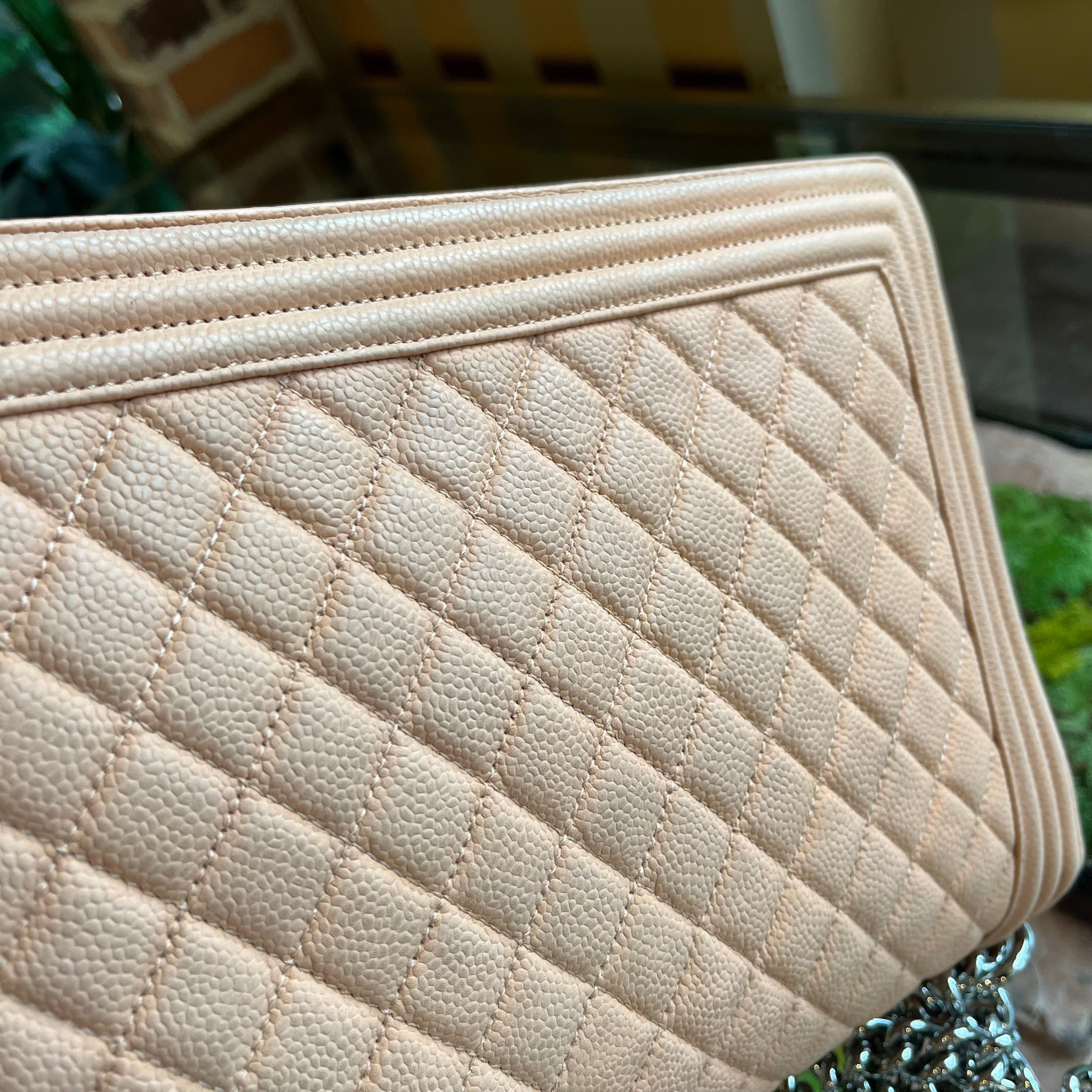 CHANEL Large Boy Bag Peach Quilted Matte Caviar Leather Shoulder Bag