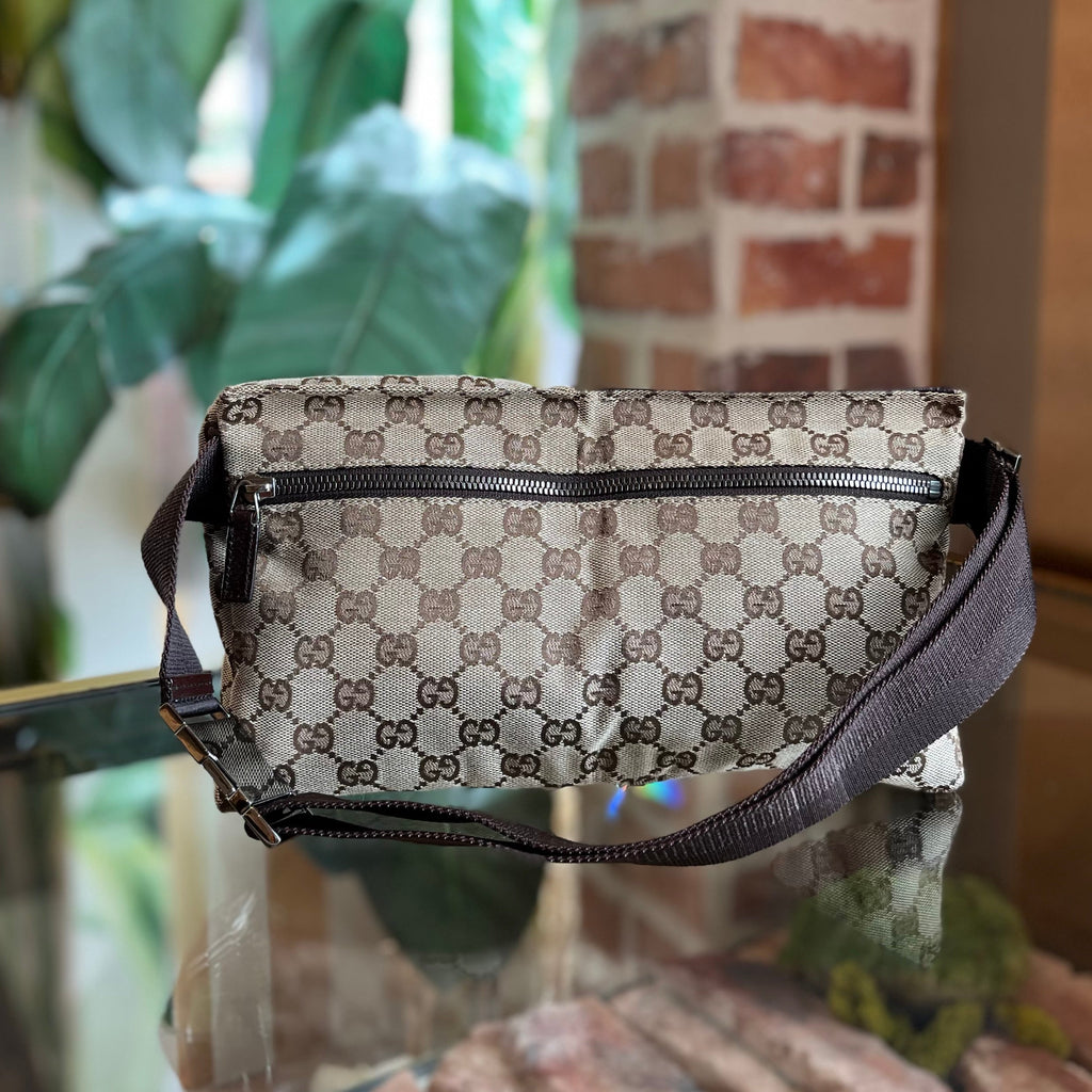 GUCCI Beige GG Monogram Canvas Double Pocket Belt Bag