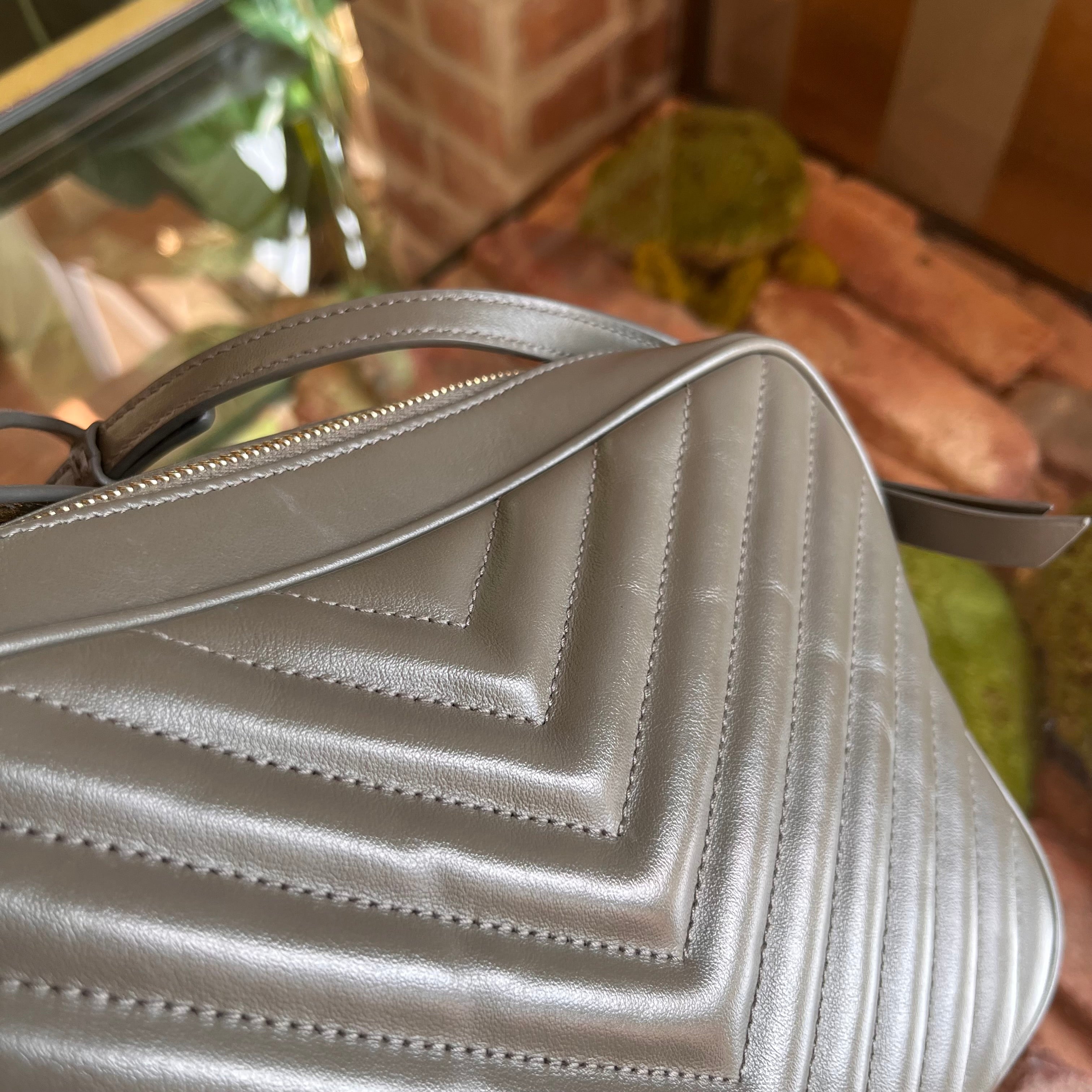 SAINT LAURENT Lou Camera Gray Chevron Quilted Crossbody Bag