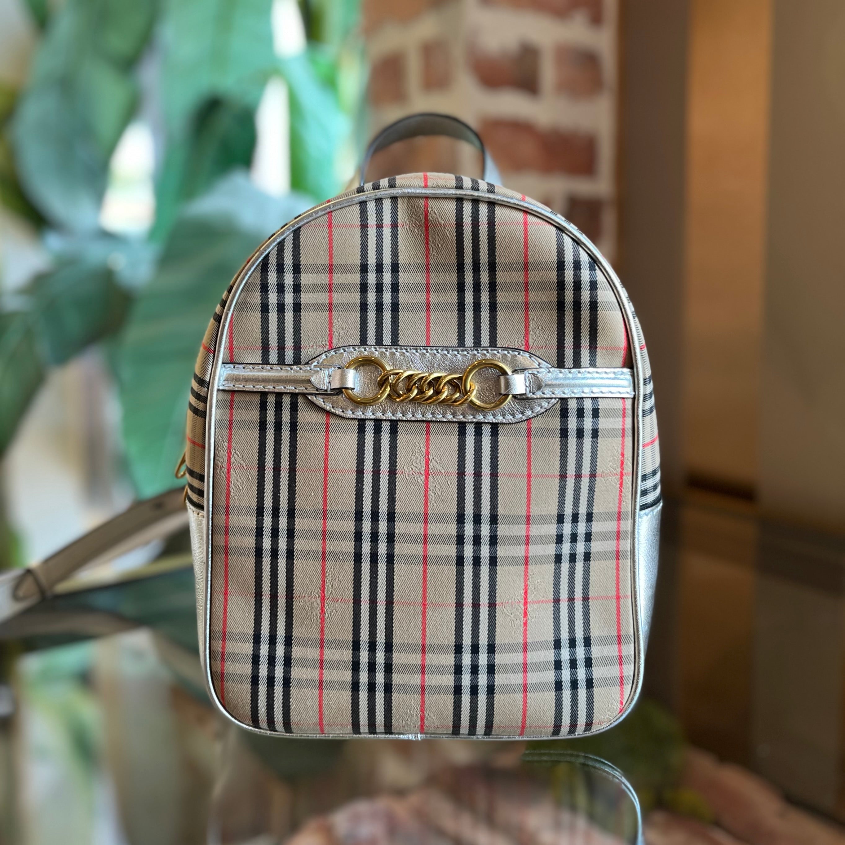 BURBERRY 1983 Knight Check Link Silver Smooth Calfskin Backpack