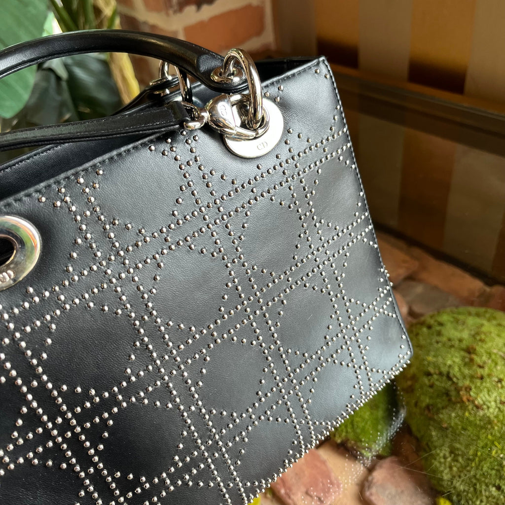 DIOR Lady Dior Black Studded Lambskin Leather Tote Bag