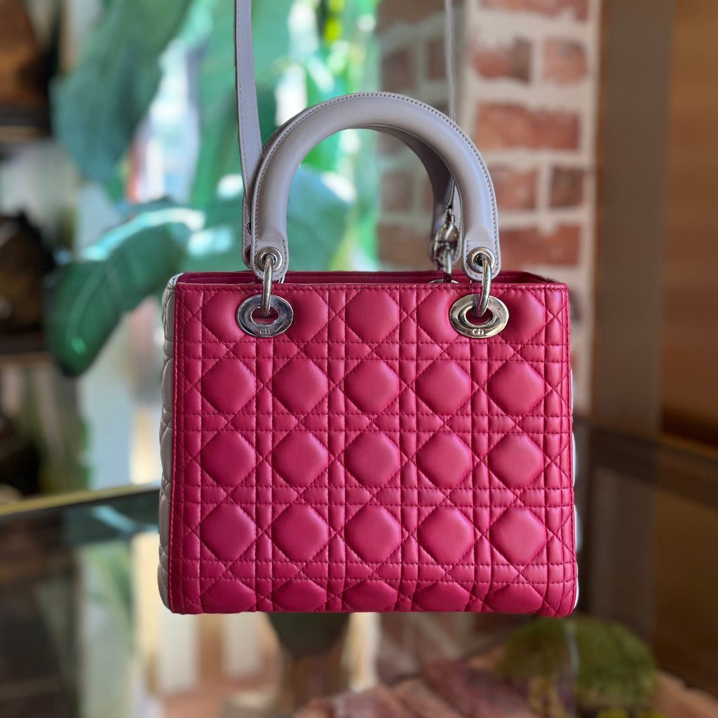 DIOR Lady Dior Medium Pink Gray Color Block Cannage Lambskin Tote