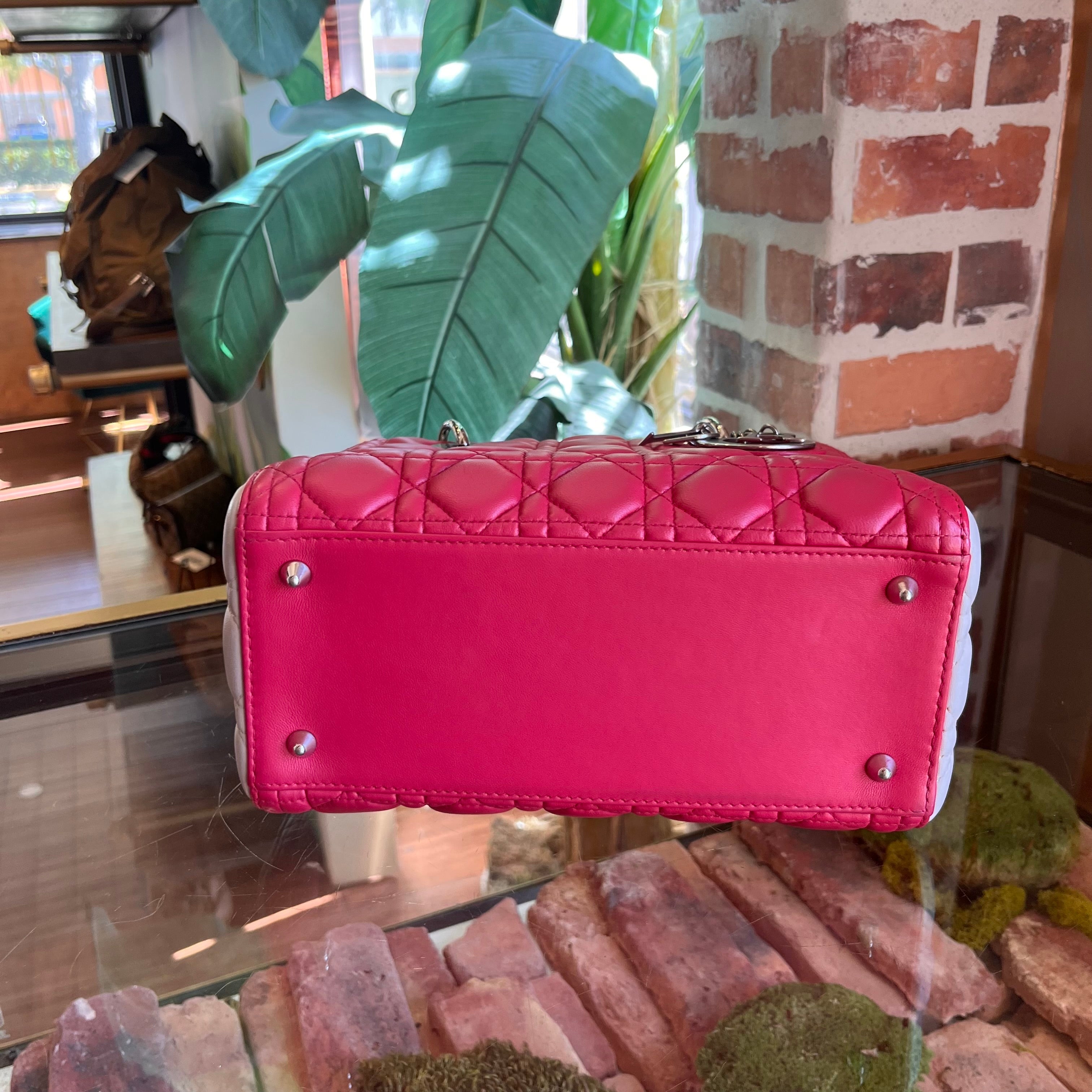 DIOR Lady Dior Medium Pink Gray Color Block Cannage Lambskin Tote