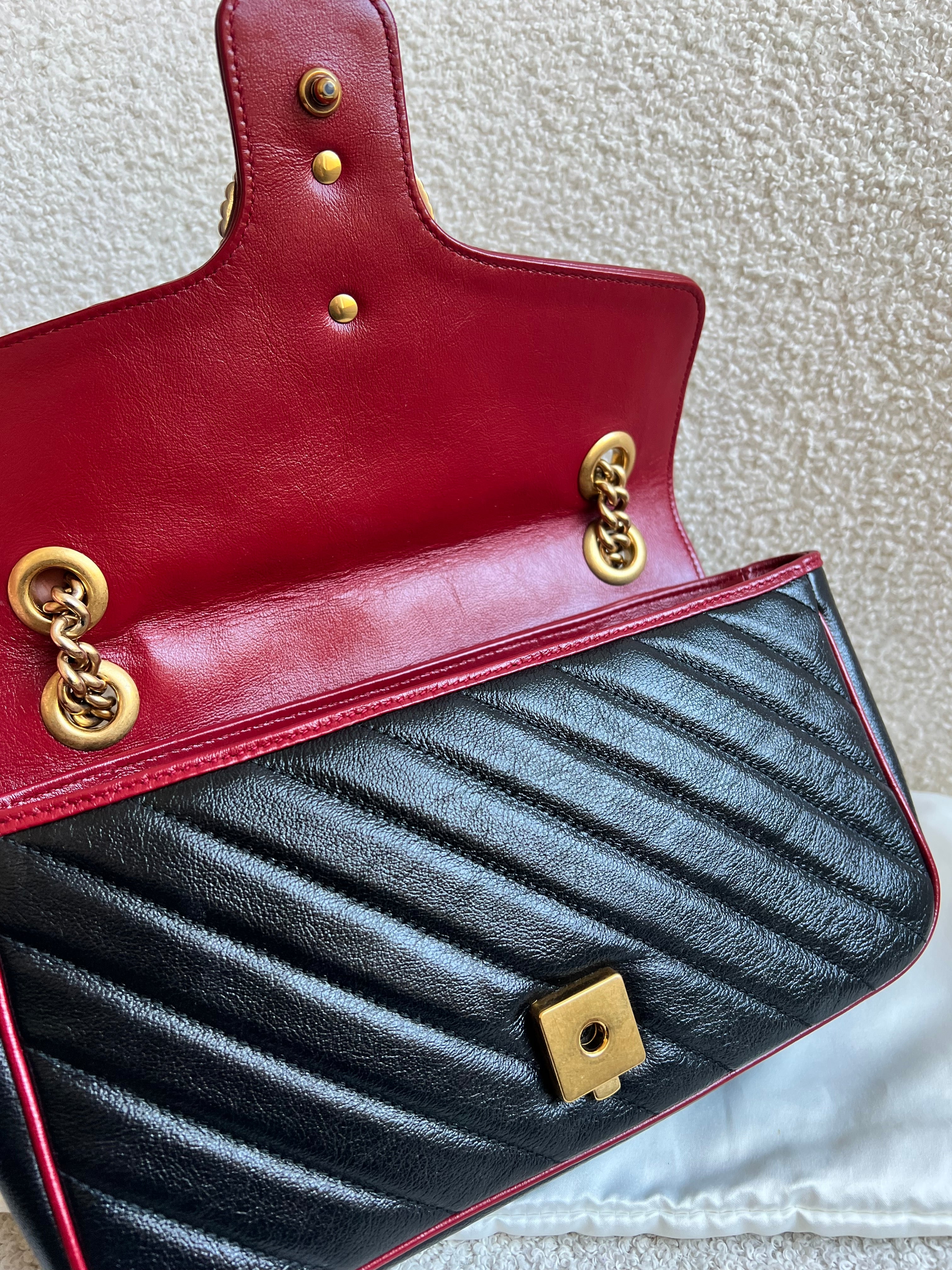 Gucci GG Black and Red Torchon Marmont Small Shoulder Bag