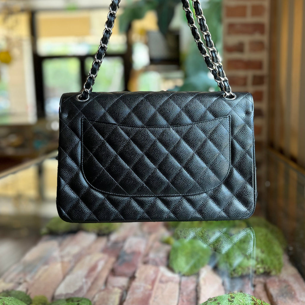 CHANEL Jumbo Double Flap Black Caviar Quilted Leather Shoulder Bag