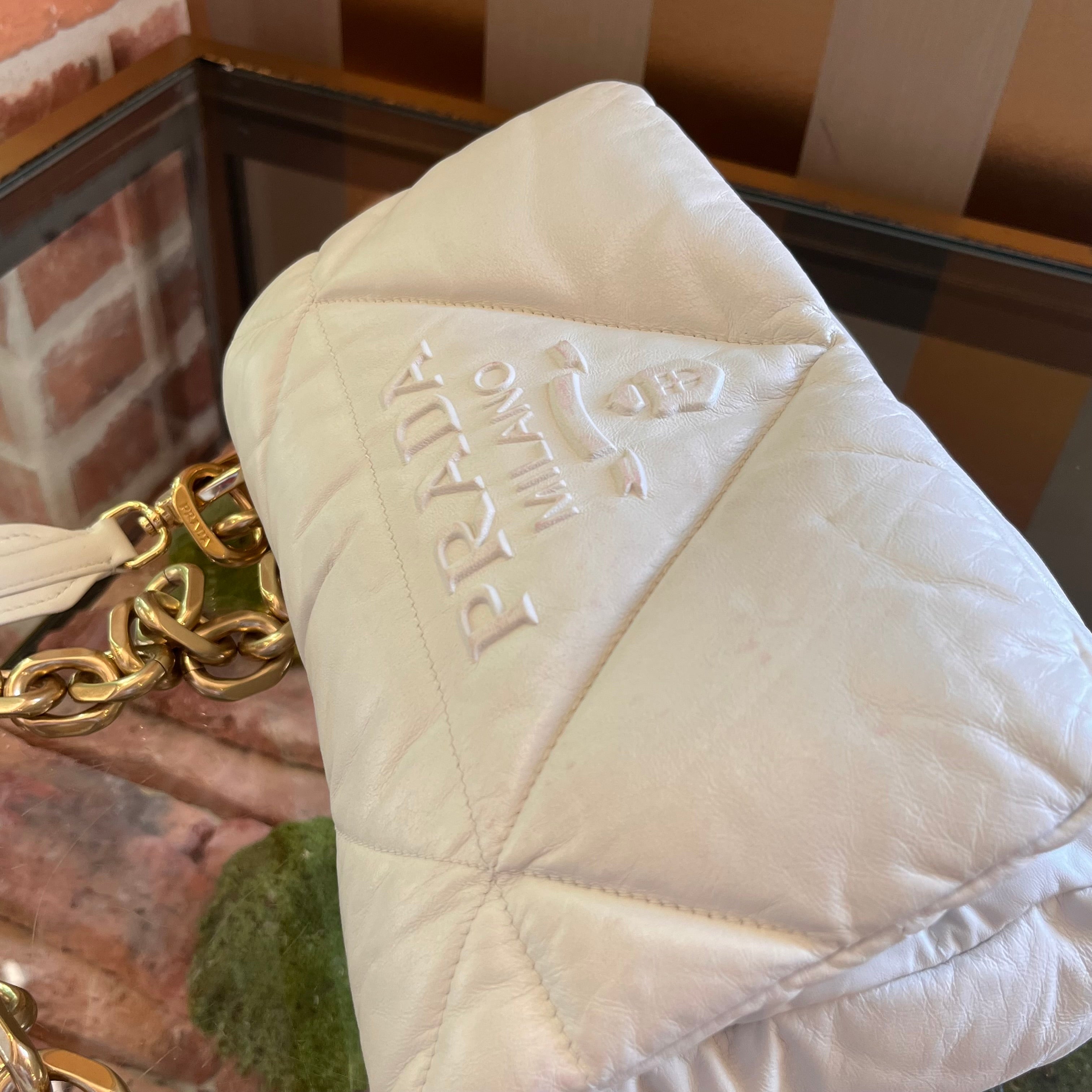PRADA System Flap Small White Nappa Patchwork Quilted Leather Shoulder Bag