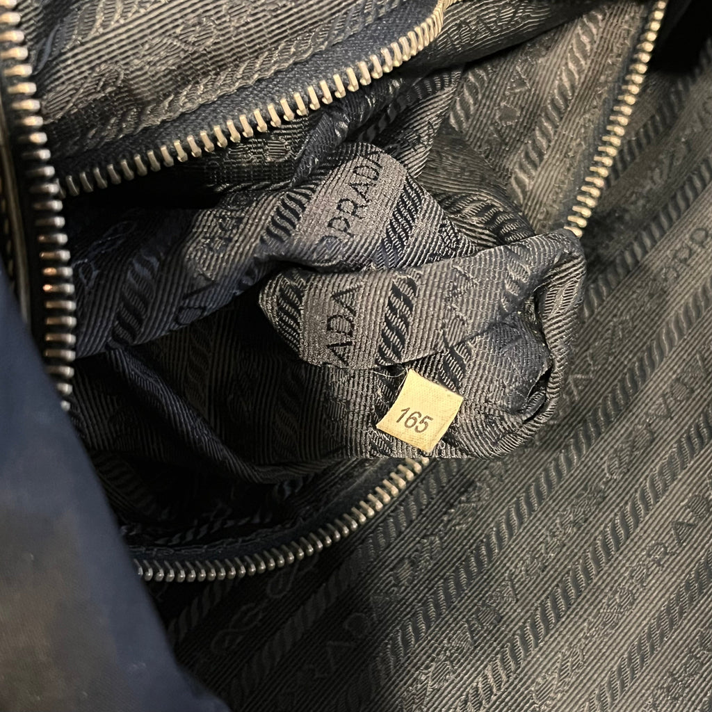 PRADA Navy Blue Nylon Embossed Leather Logo Hobo Bag