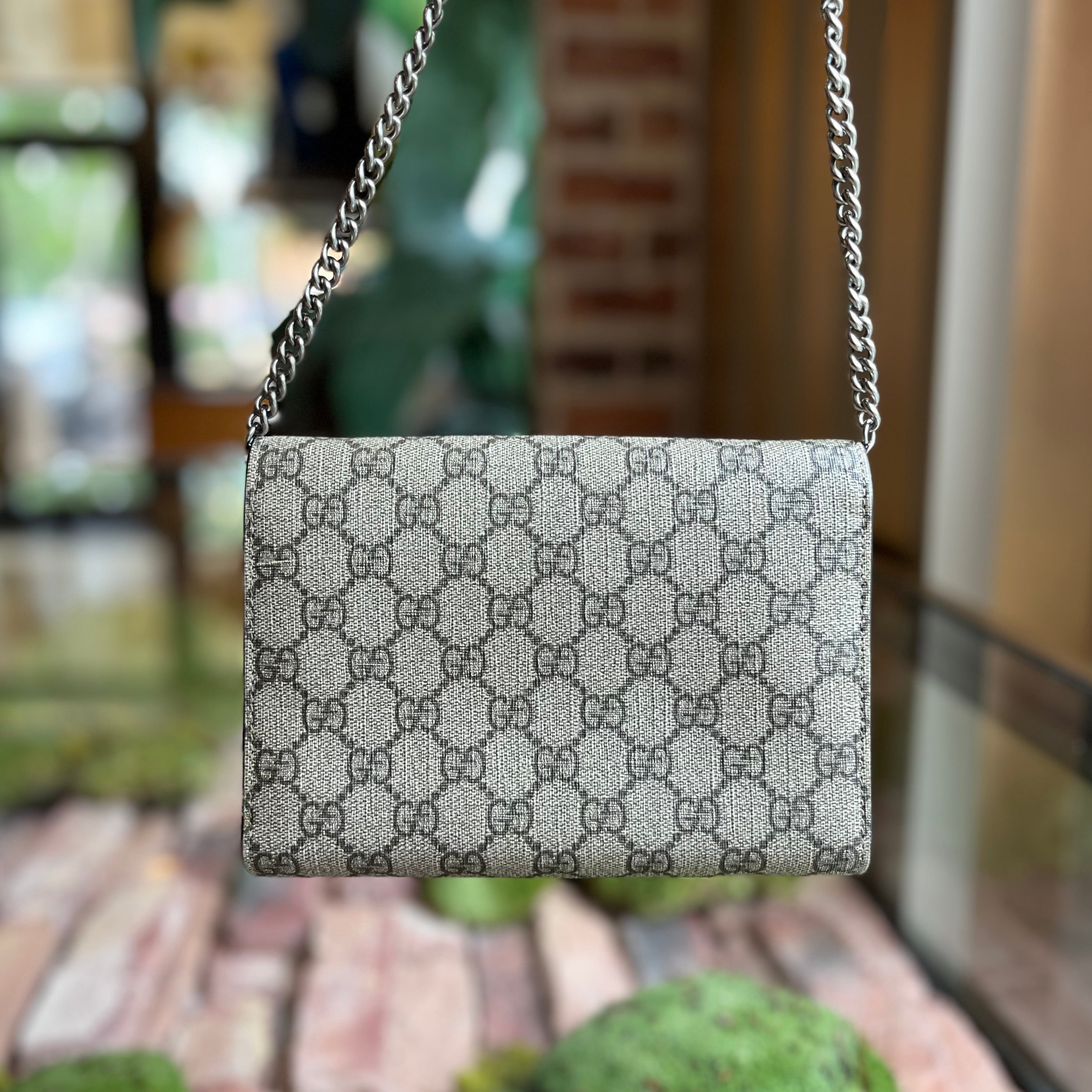 GUCCI Mini Dionysus Wallet on Chain Beige GG Supreme Monogram Crossbody