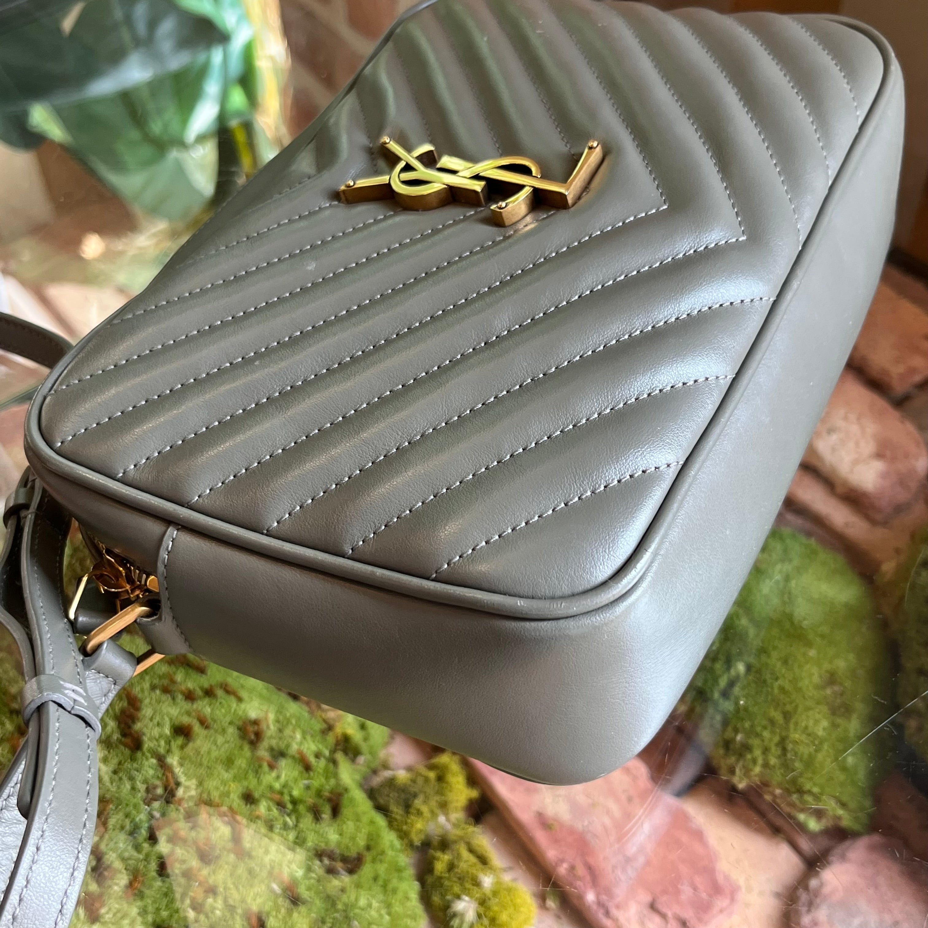 SAINT LAURENT Lou Camera Gray Chevron Quilted Crossbody Bag
