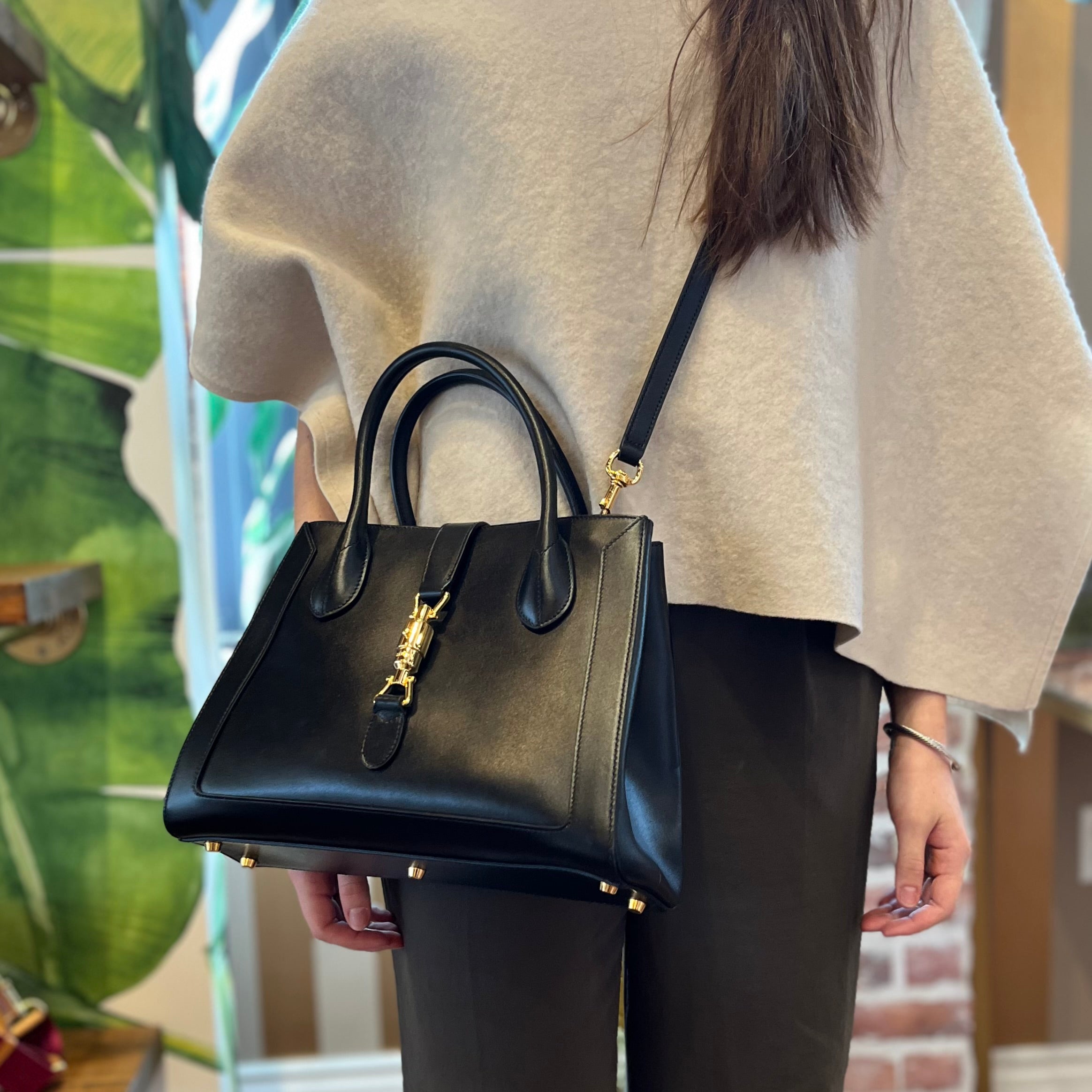 GUCCI 1961 Medium Black Smooth Calfskin Leather Tote Bag