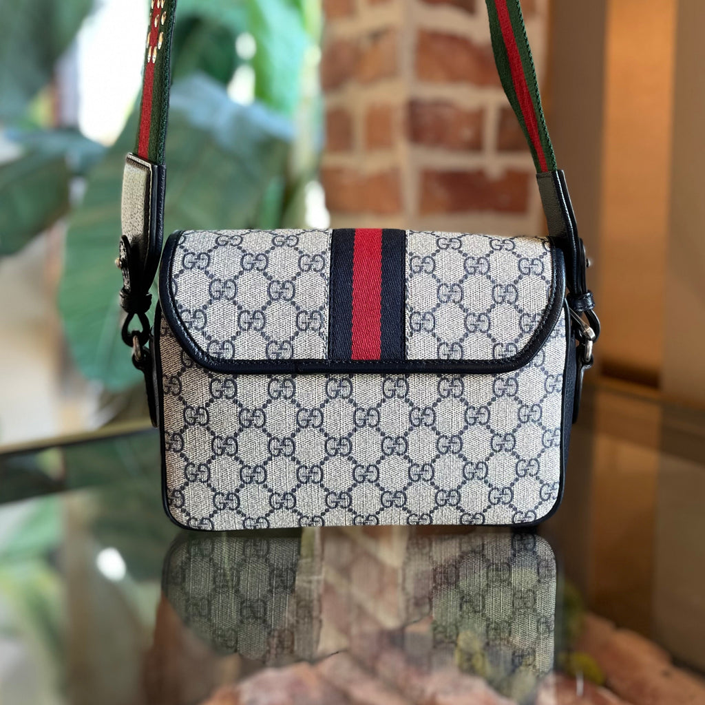 GUCCI Ophidia Mini GG Supreme Monogram Textured Dollar Calfskin Web Studded Flap Crossbody