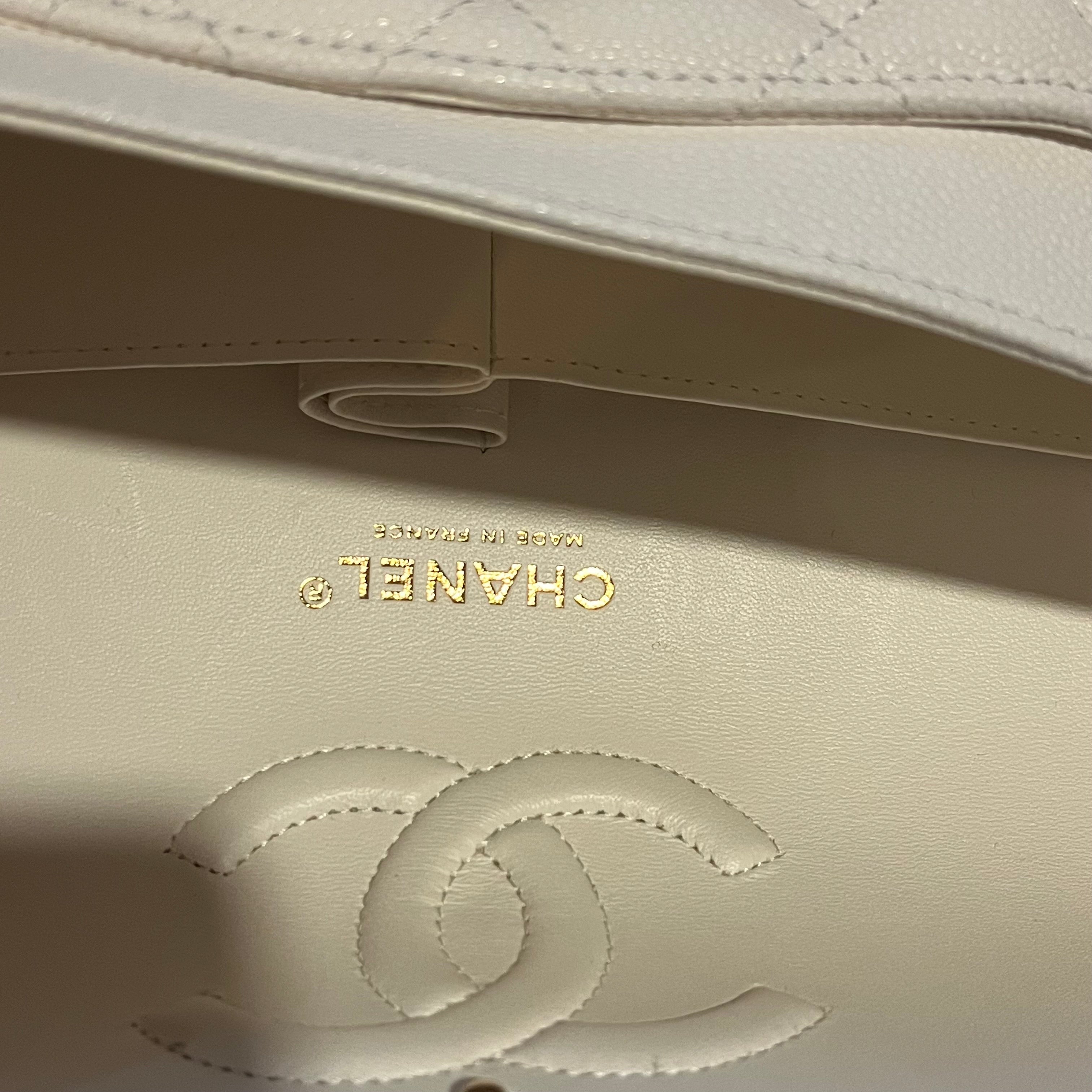 CHANEL Medium Double Flap White Caviar Leather Shoulder Bag